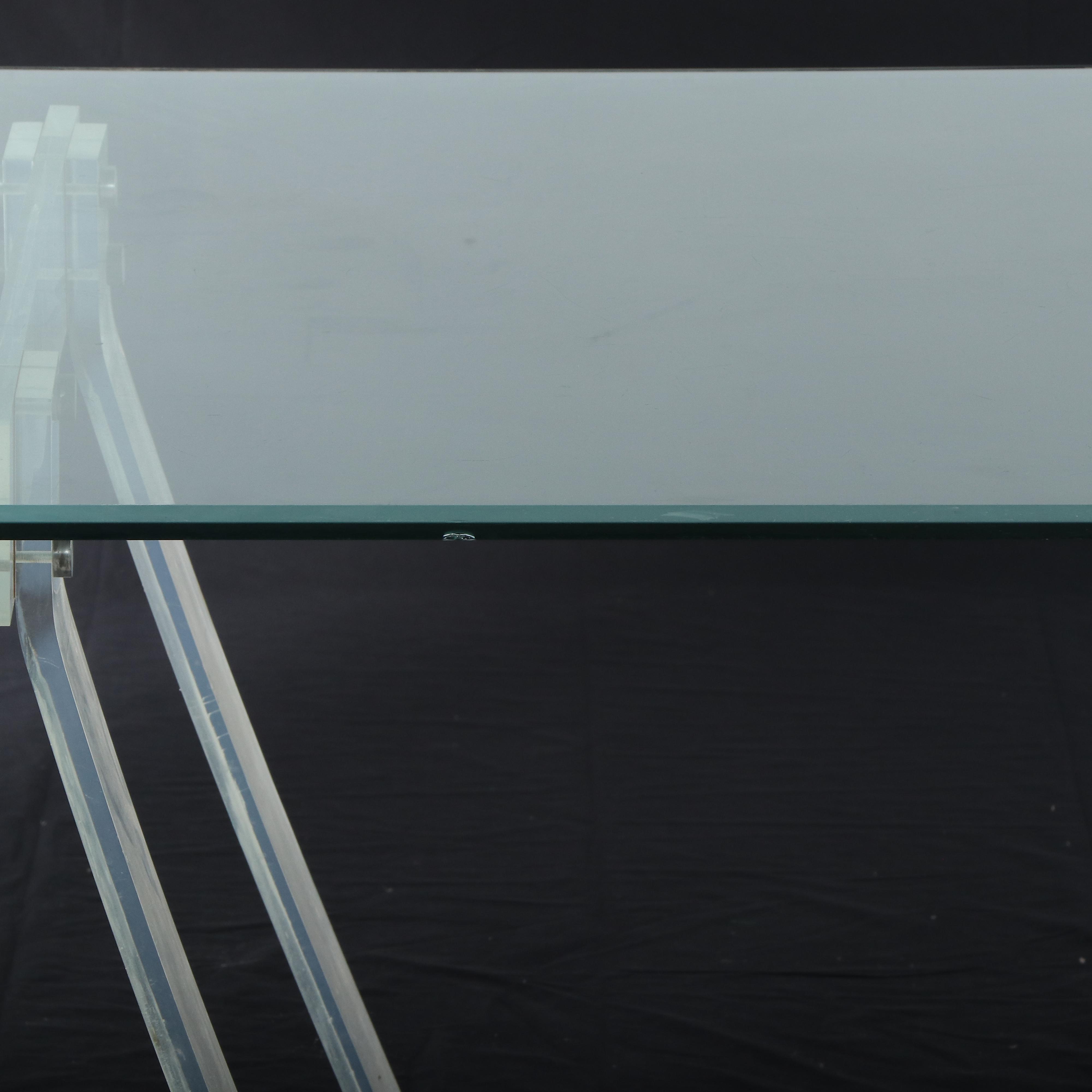 Mid Century Modern Acrylic Sawhorse and Glass Top Dining Table