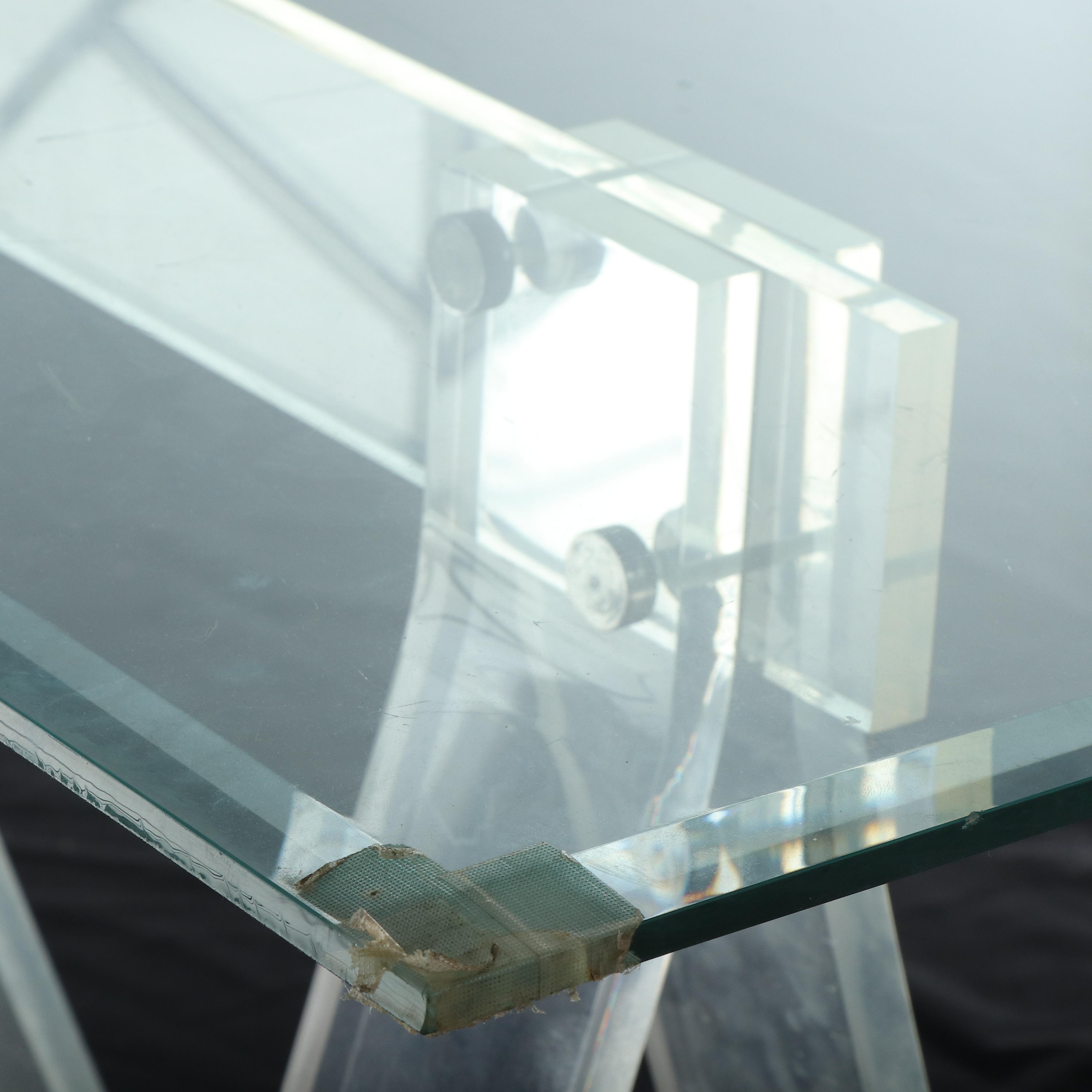 Mid Century Modern Acrylic Sawhorse and Glass Top Dining Table