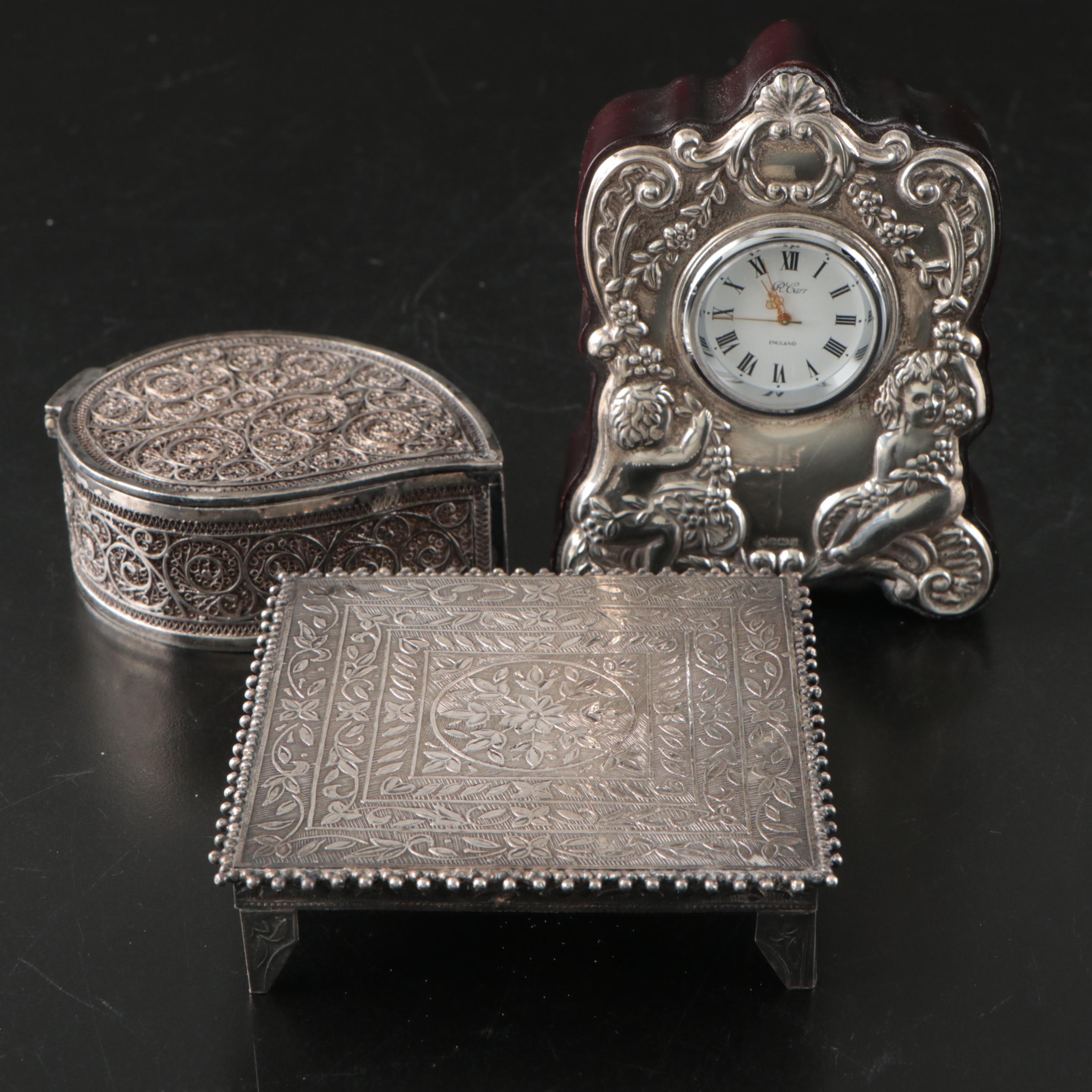 R. Carr English Sterling Clock with Sterling Filigree Box and 800 Silver Stand