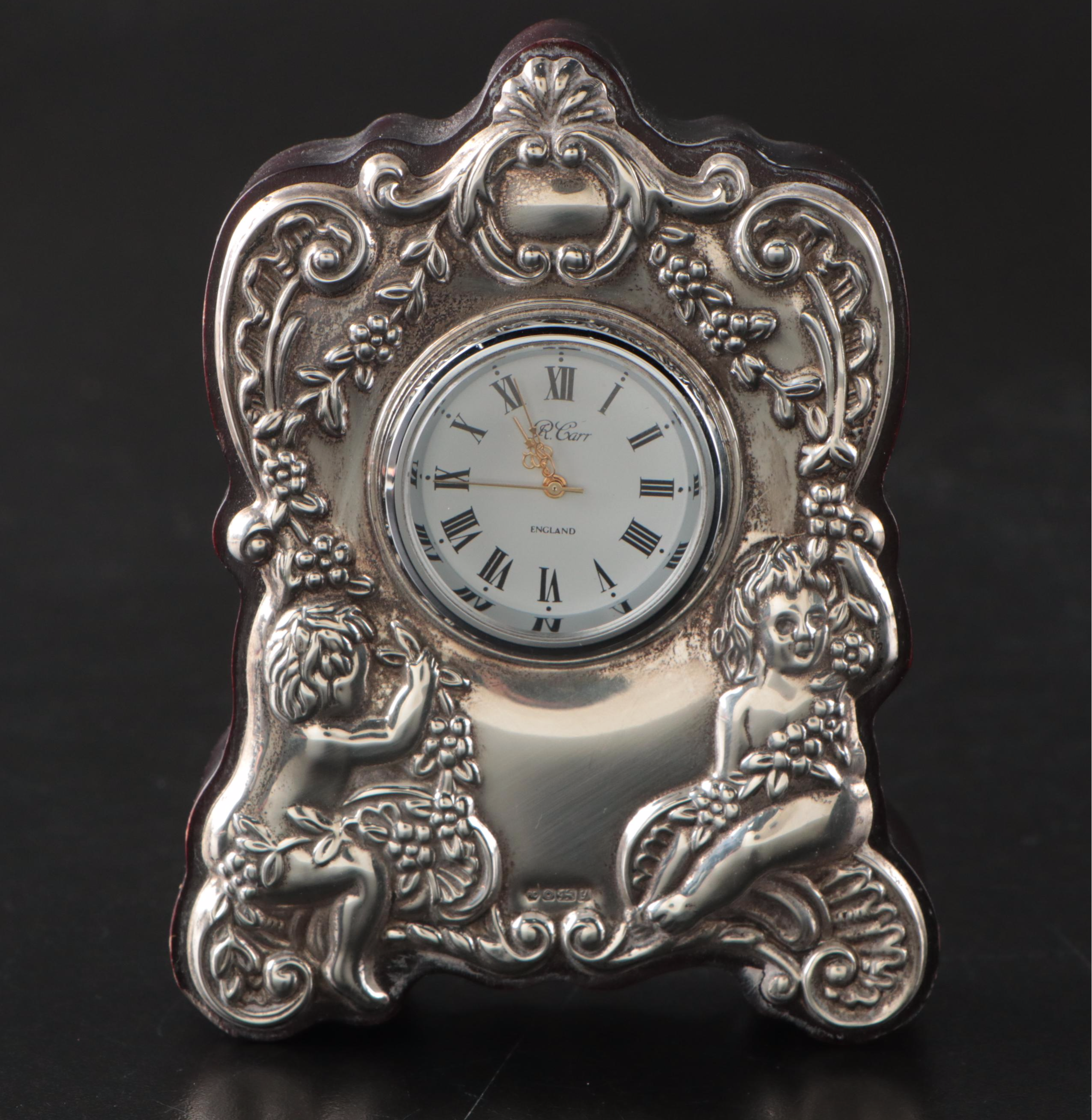R. Carr English Sterling Clock with Sterling Filigree Box and 800 Silver Stand