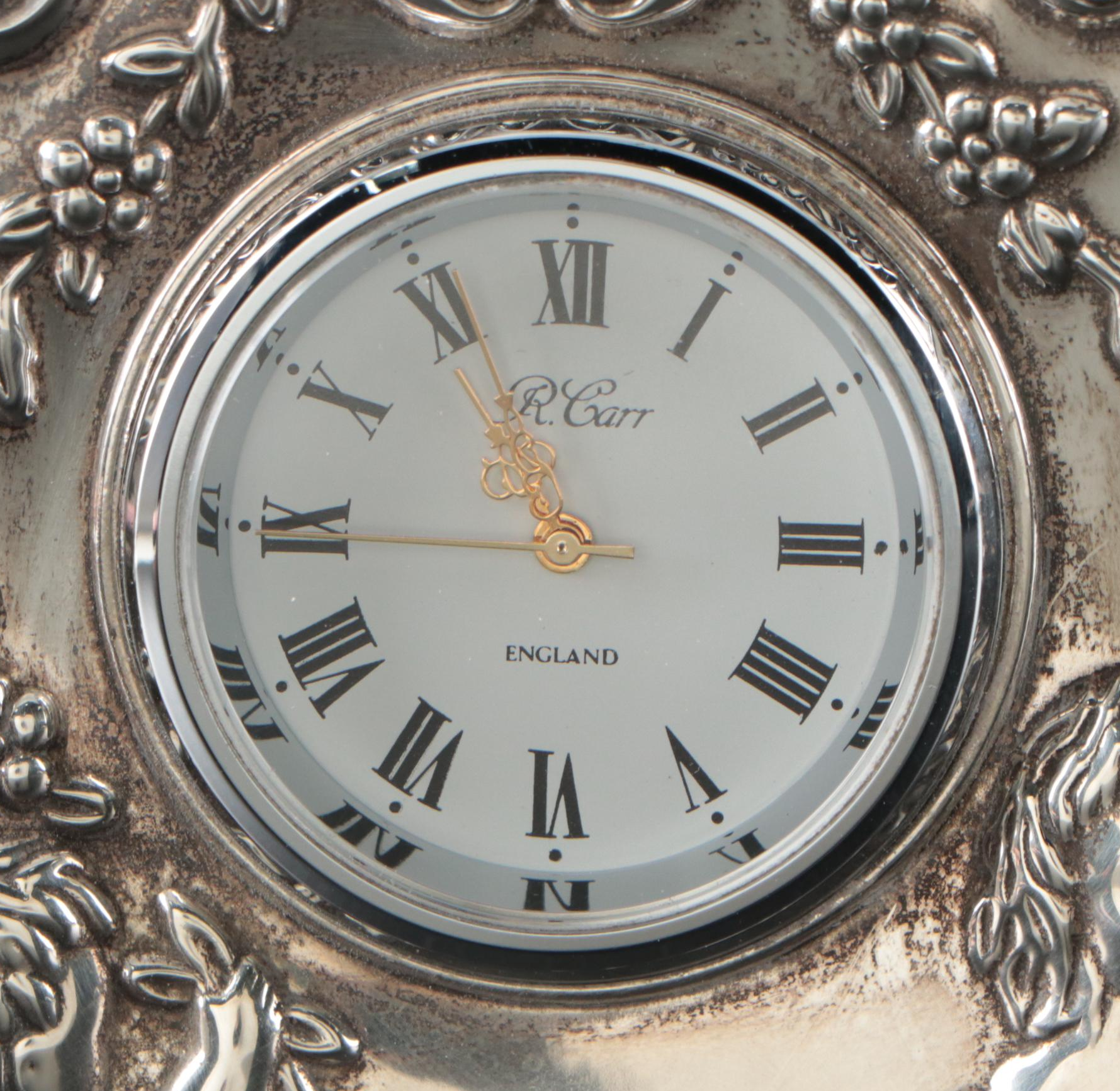 R. Carr English Sterling Clock with Sterling Filigree Box and 800 Silver Stand