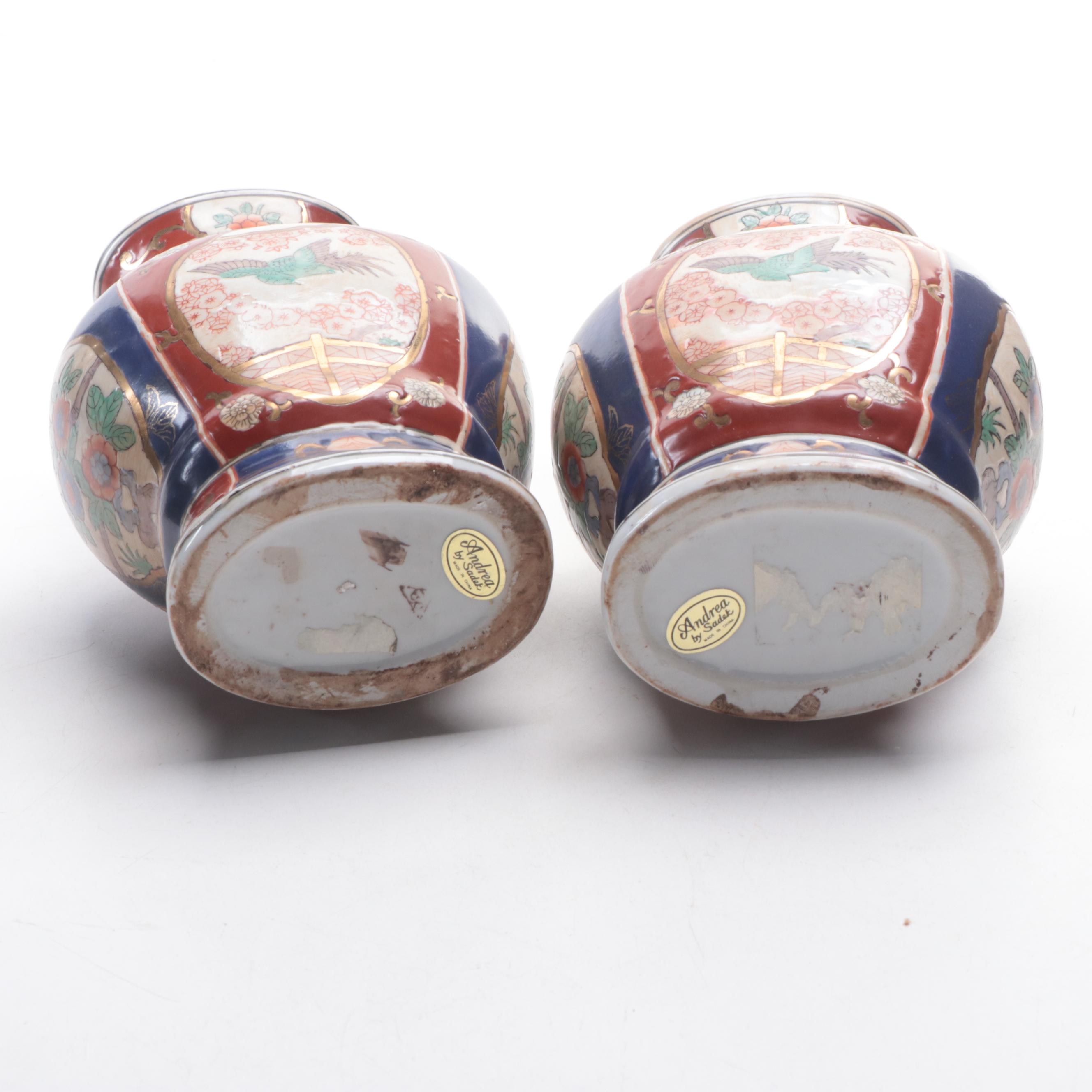 Pair of Andrea Sadek Chinese Imari Vases and Porcelain Peacock Figurine