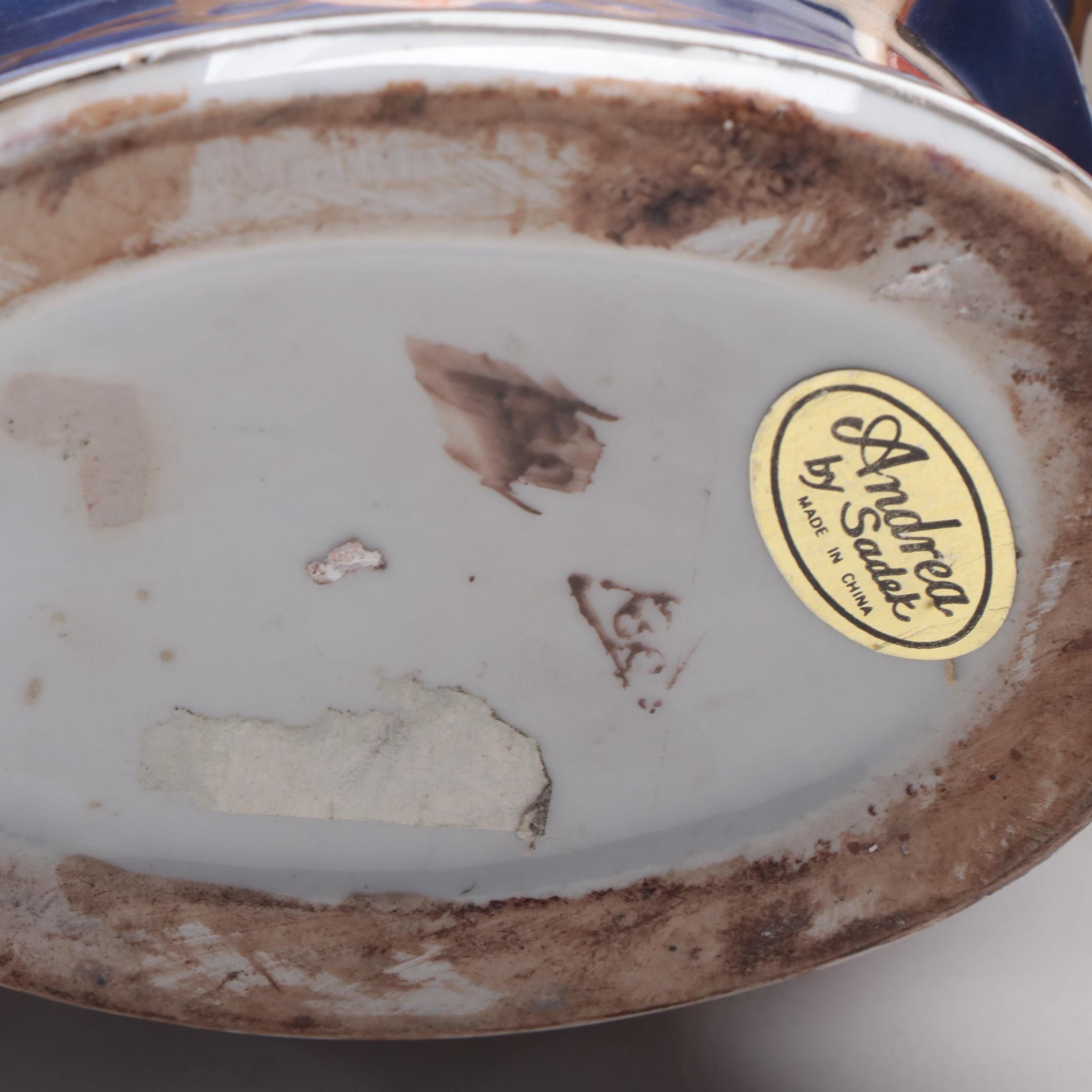 Pair of Andrea Sadek Chinese Imari Vases and Porcelain Peacock Figurine