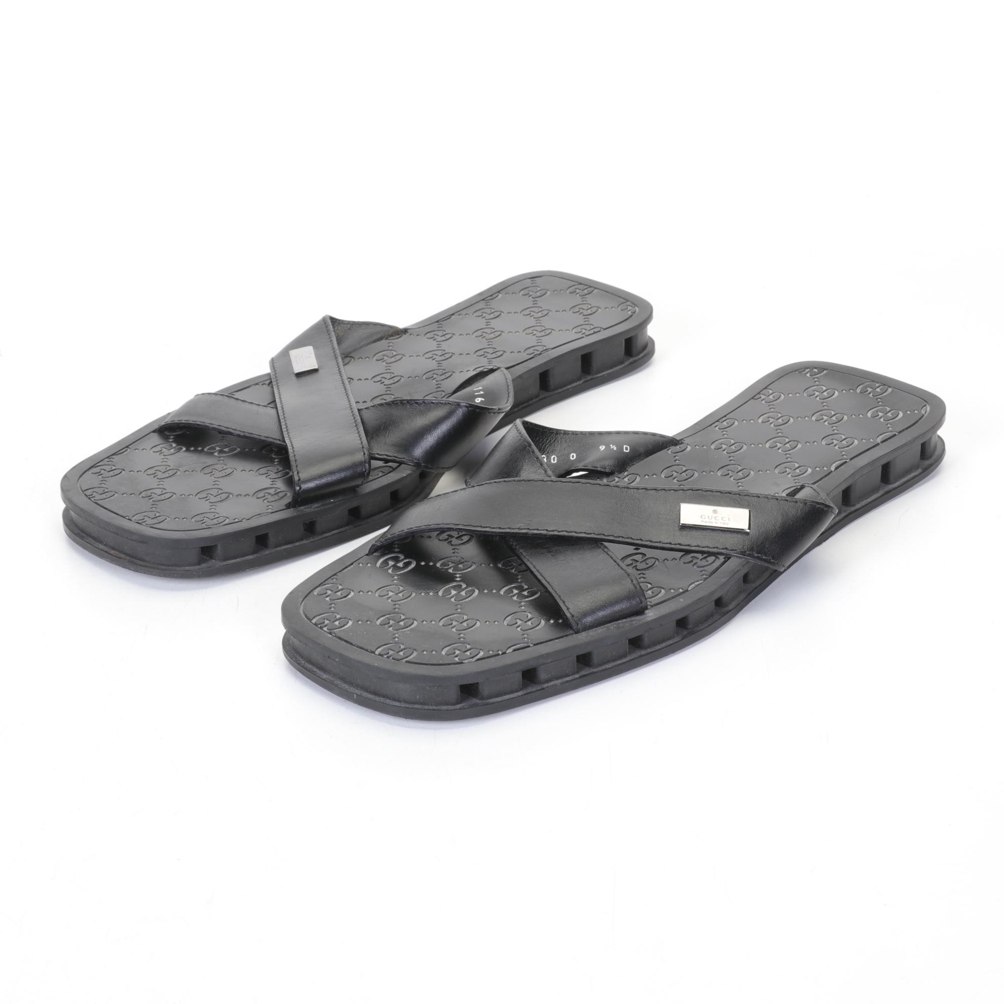 Gucci Men's Black Leather Slide Sandals