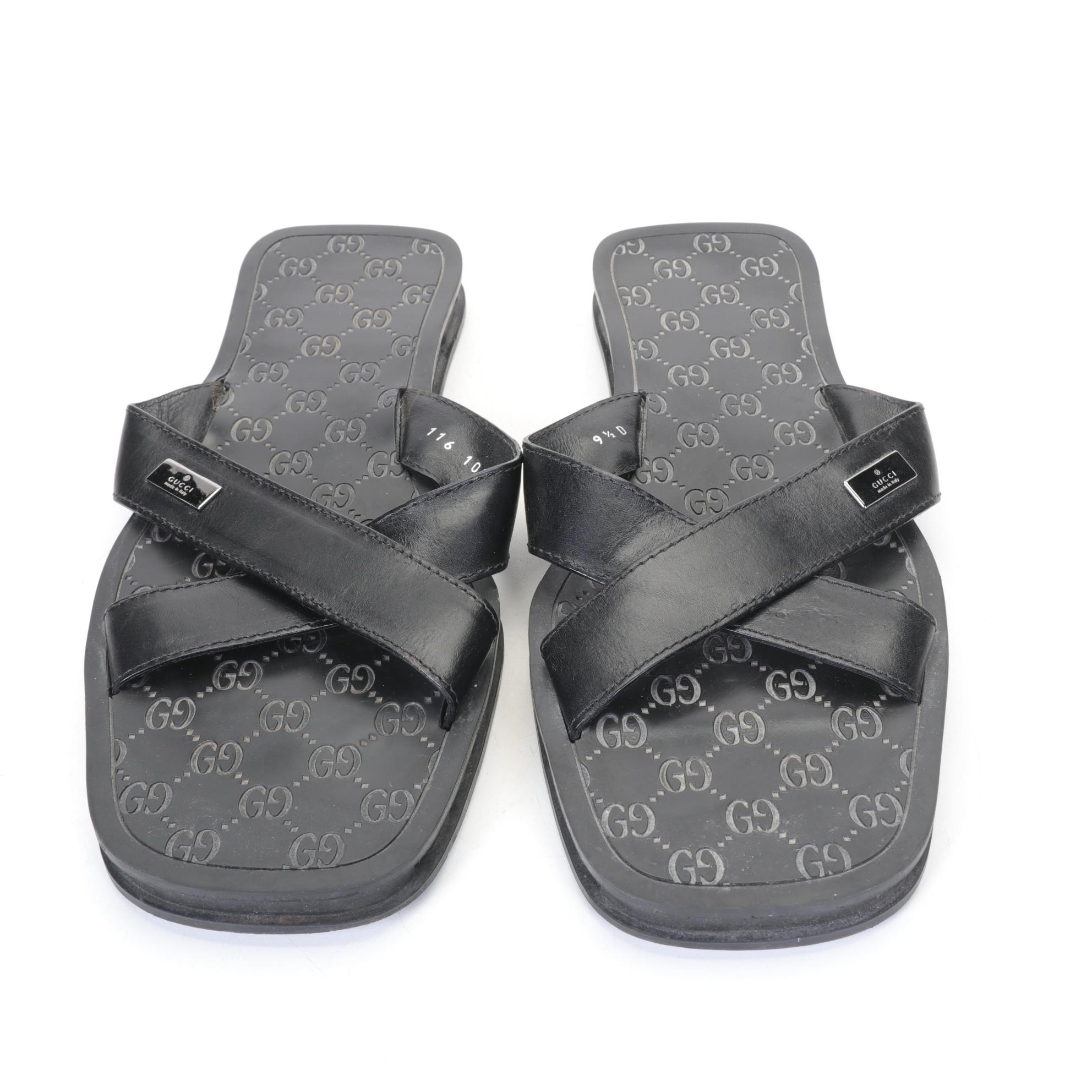 Gucci Men's Black Leather Slide Sandals