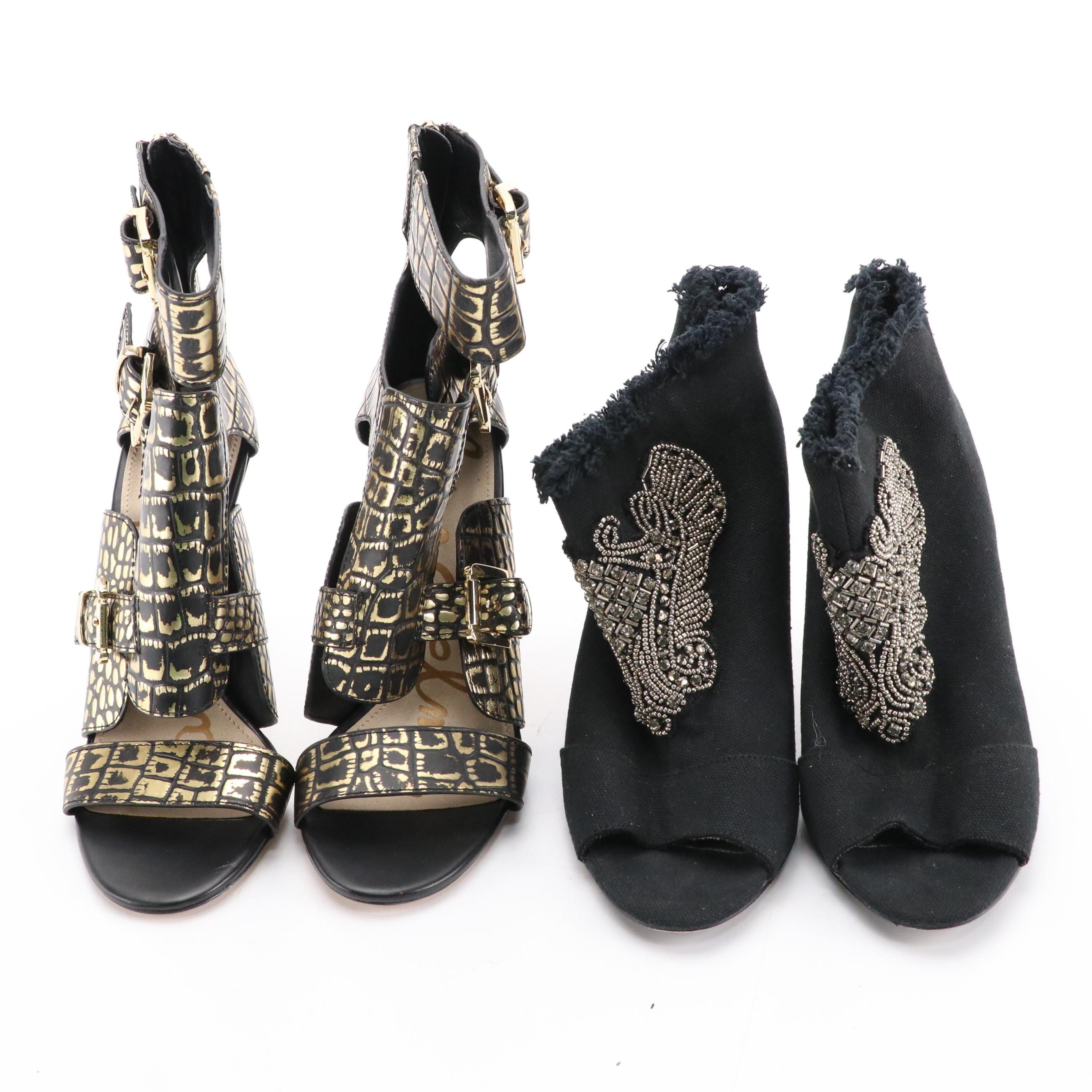 Betsy Johnson Ankle Boots in Black Denim and Sam Edelman Perth Stilettos