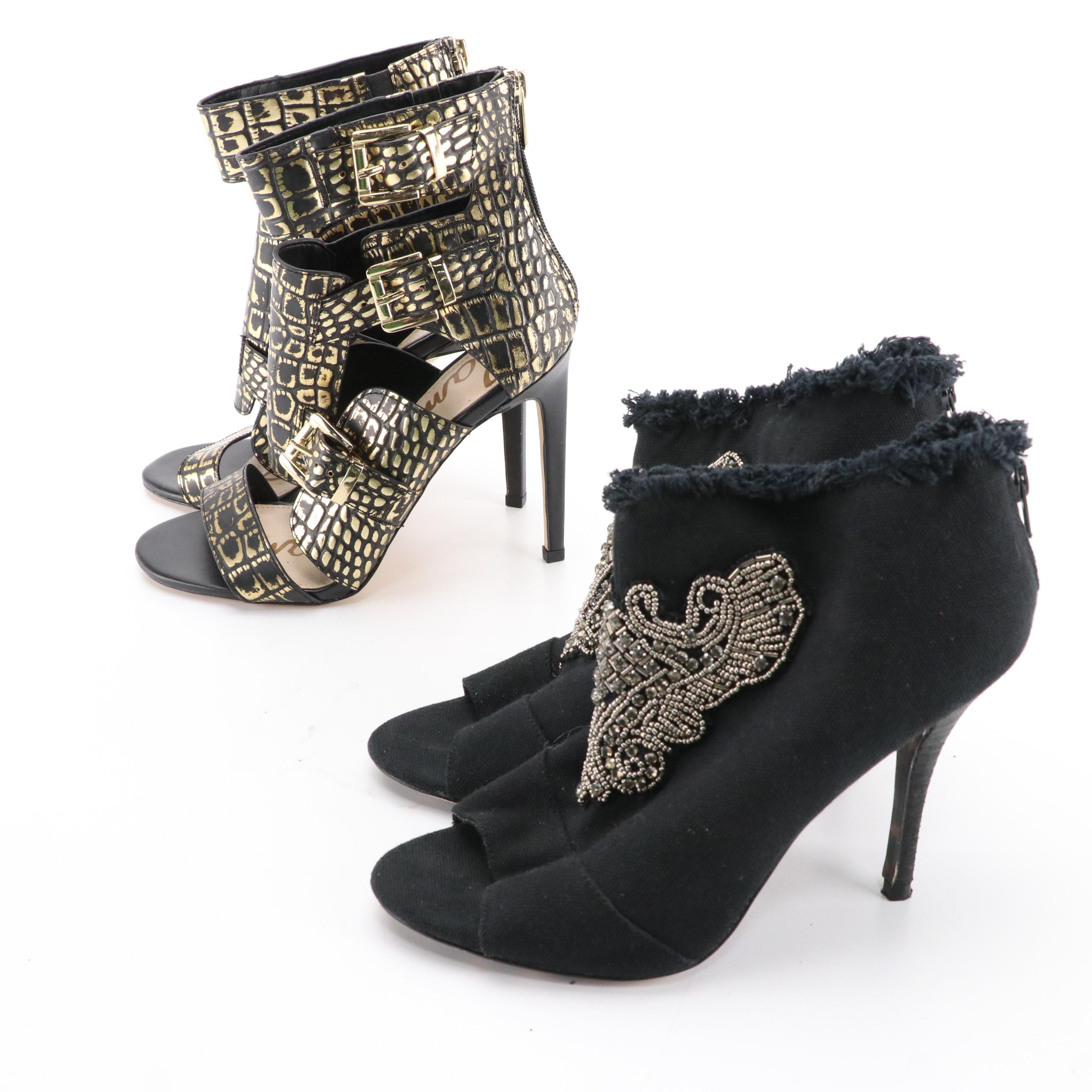 Betsy Johnson Ankle Boots in Black Denim and Sam Edelman Perth Stilettos