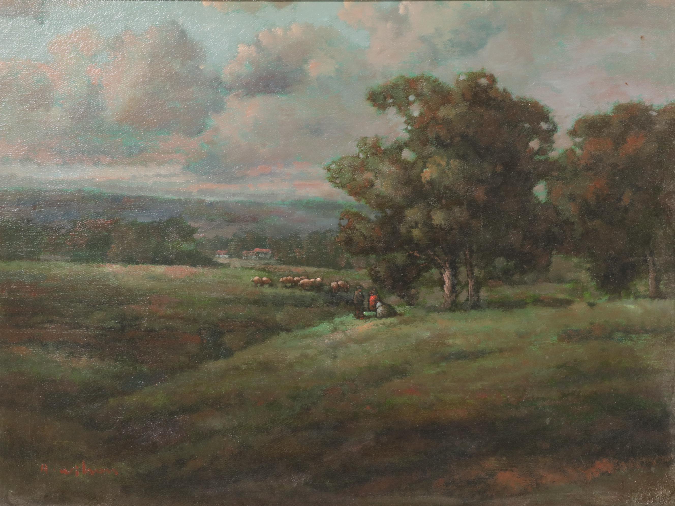 A. Wilson Pastoral Landscape Oil Painting with Sheep and Shepherd, Early 20th C.