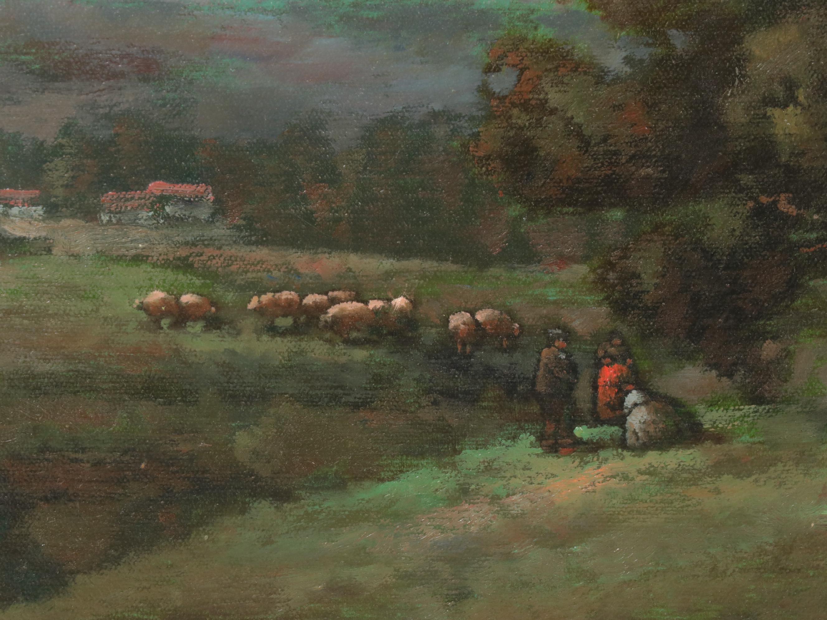 A. Wilson Pastoral Landscape Oil Painting with Sheep and Shepherd, Early 20th C.