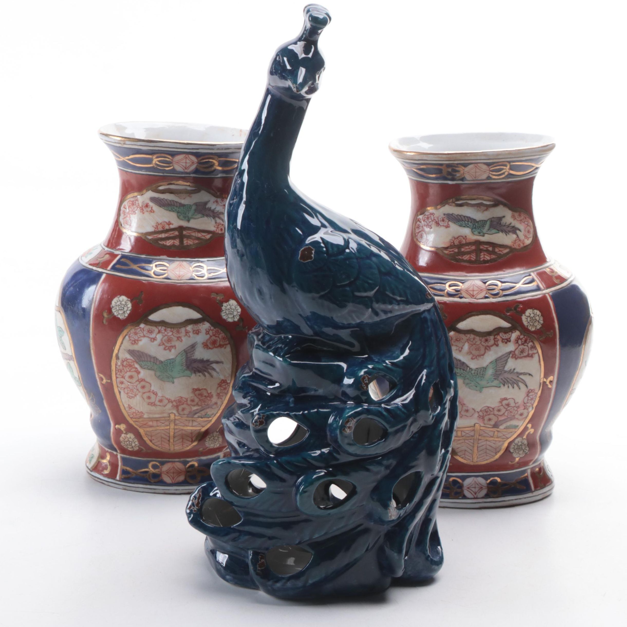 Pair of Andrea Sadek Chinese Imari Vases and Porcelain Peacock Figurine