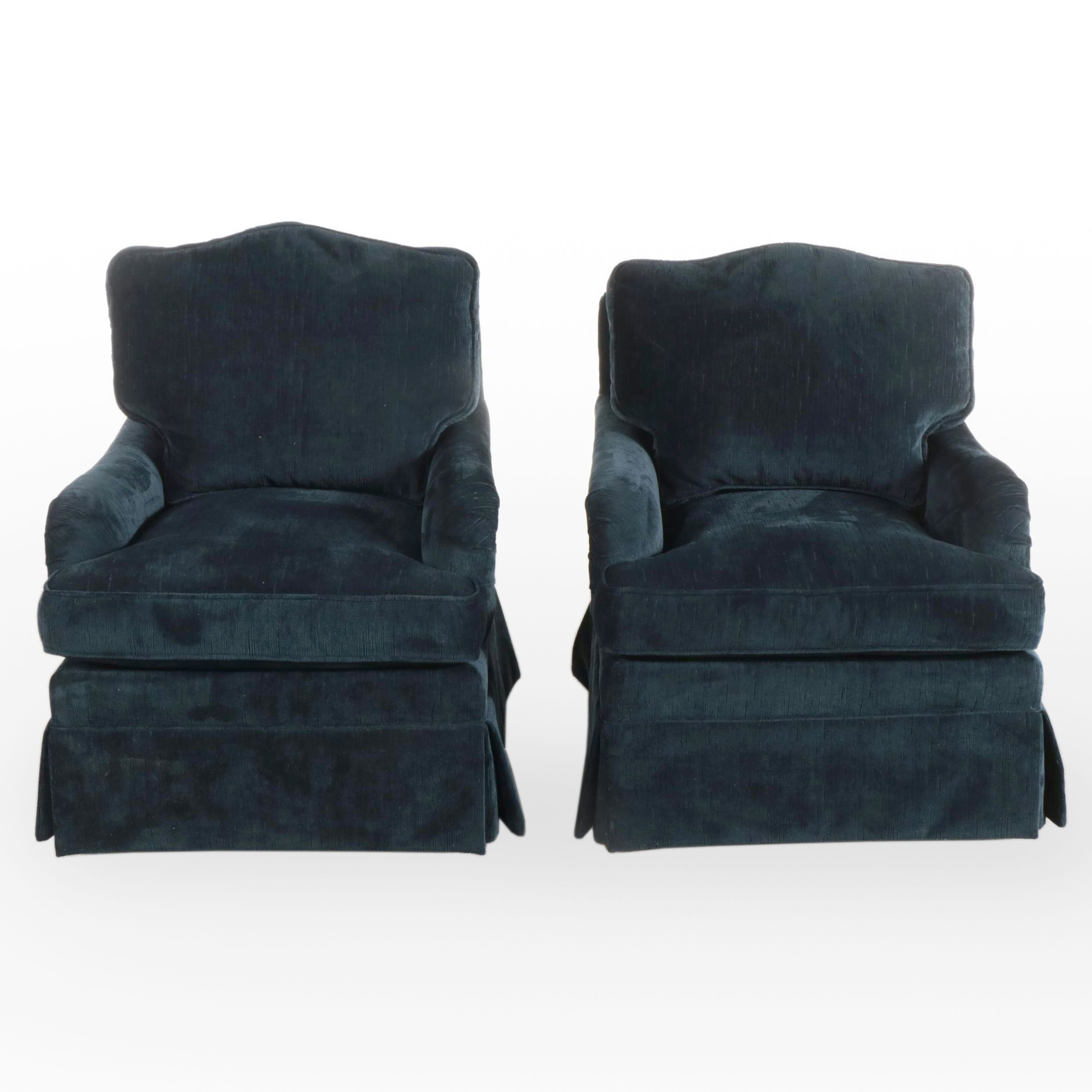 Pair of Sherrill Custom-Upholstered English Roll-Arm Swivel Easy Chairs