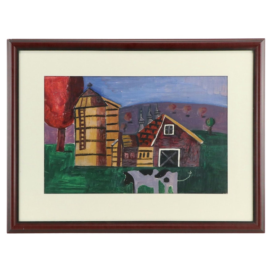 Esther Phillips Folk Art Acrylic Painting with Farmstead and Grazing Cows