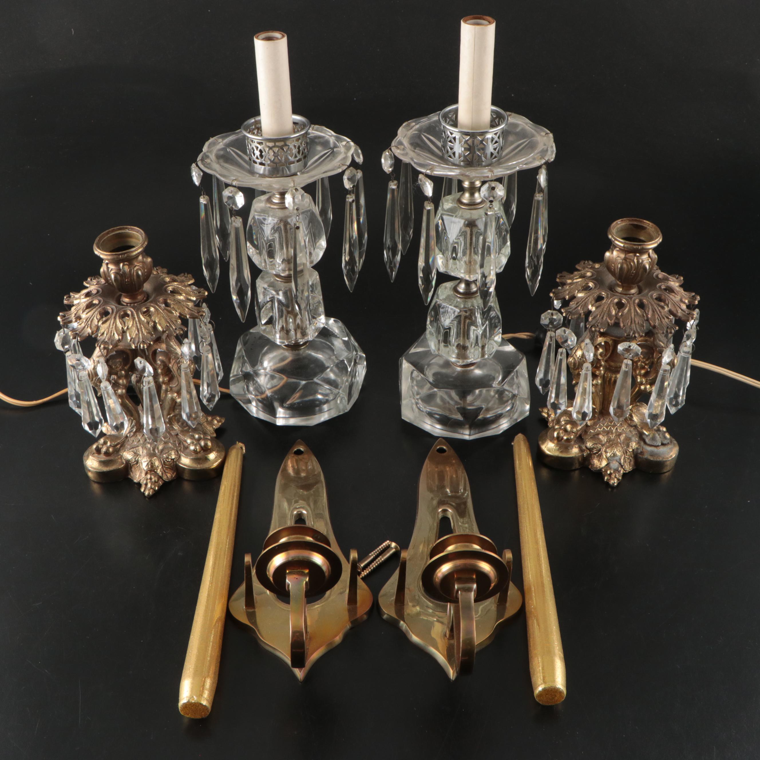Neoclassical Style Candle Holders, Glass Mantle Lusters and Wall Sconces