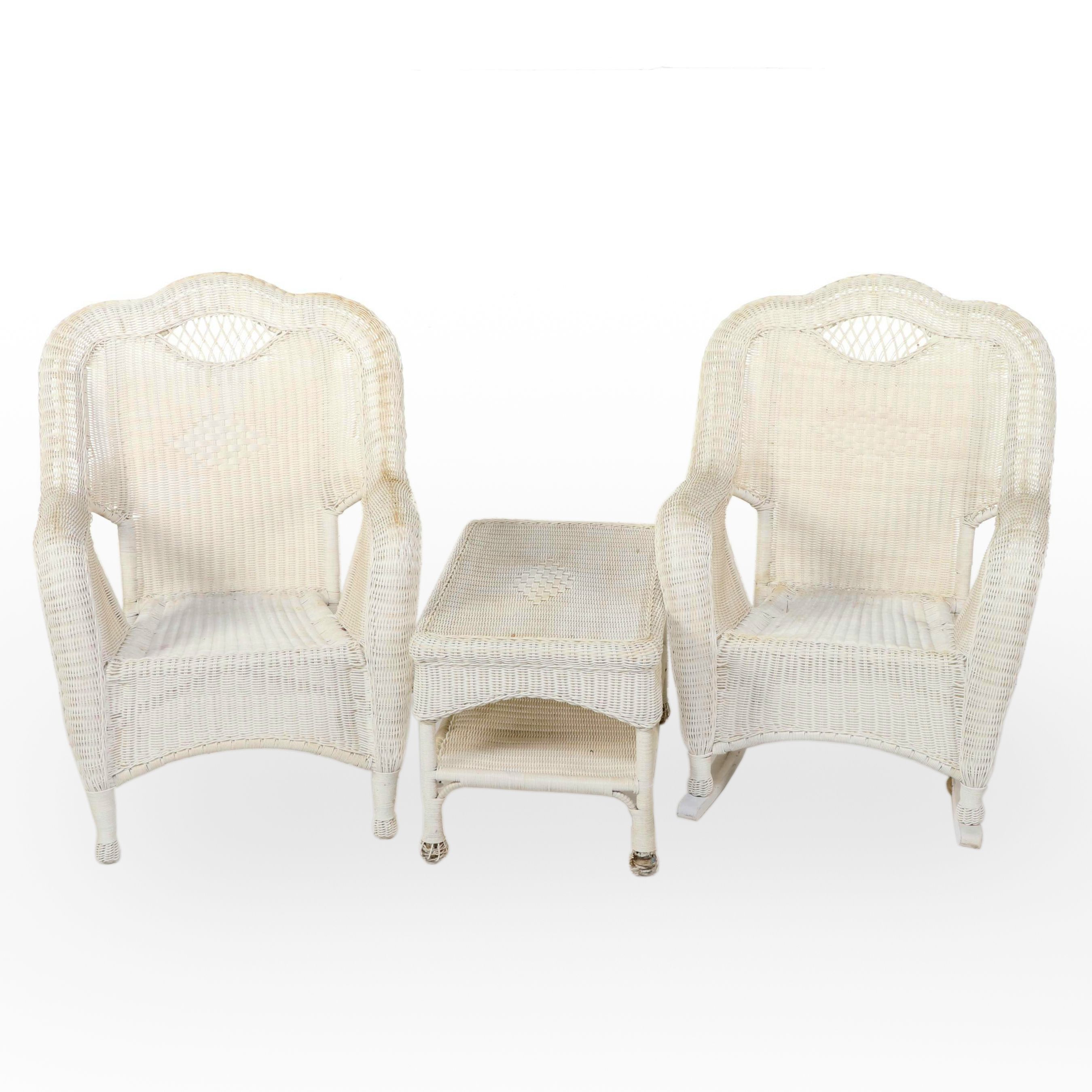 Three-Piece White Resin Wicker Patio Lounge Set, Incl. Rocker, Armchair, & Table
