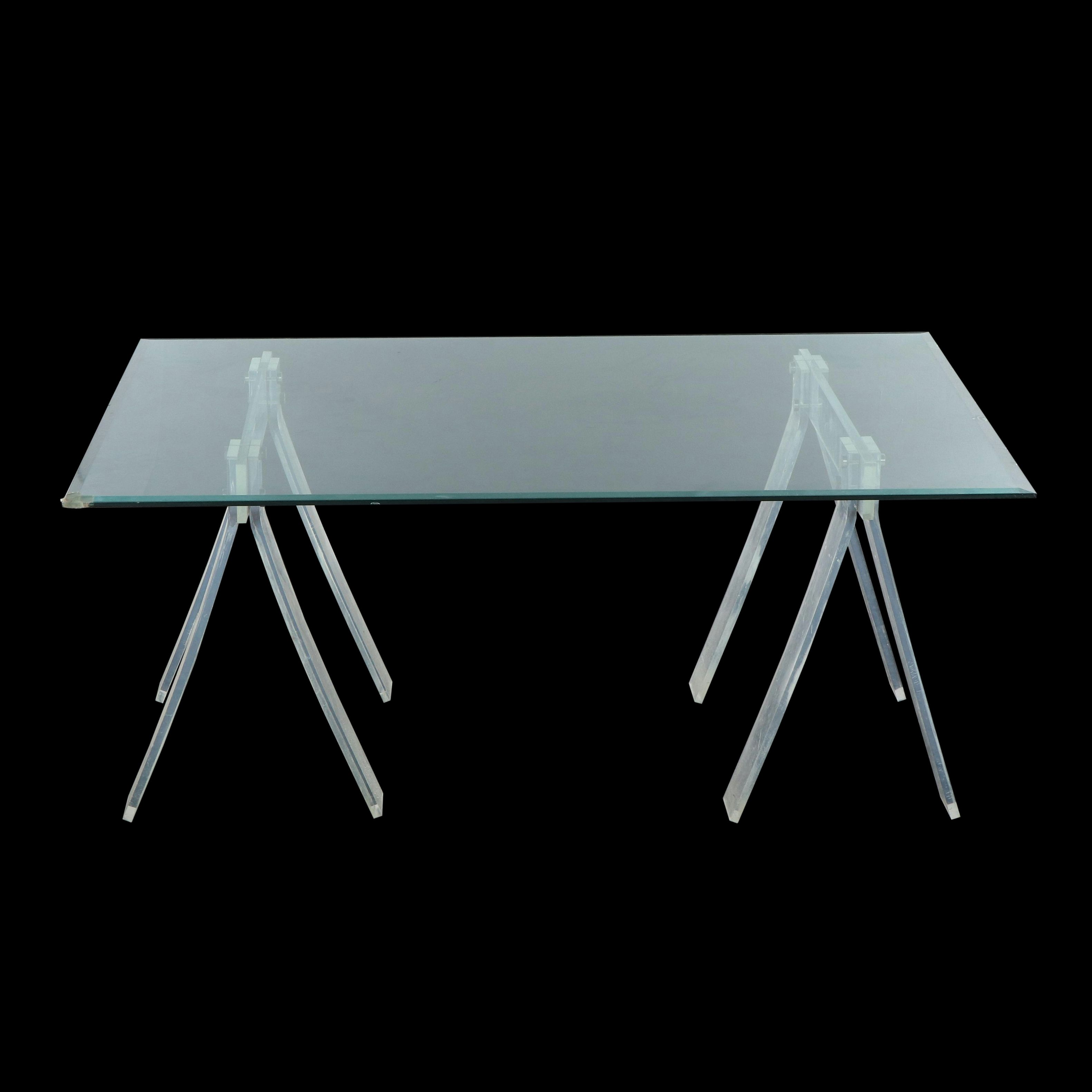 Mid Century Modern Acrylic Sawhorse and Glass Top Dining Table