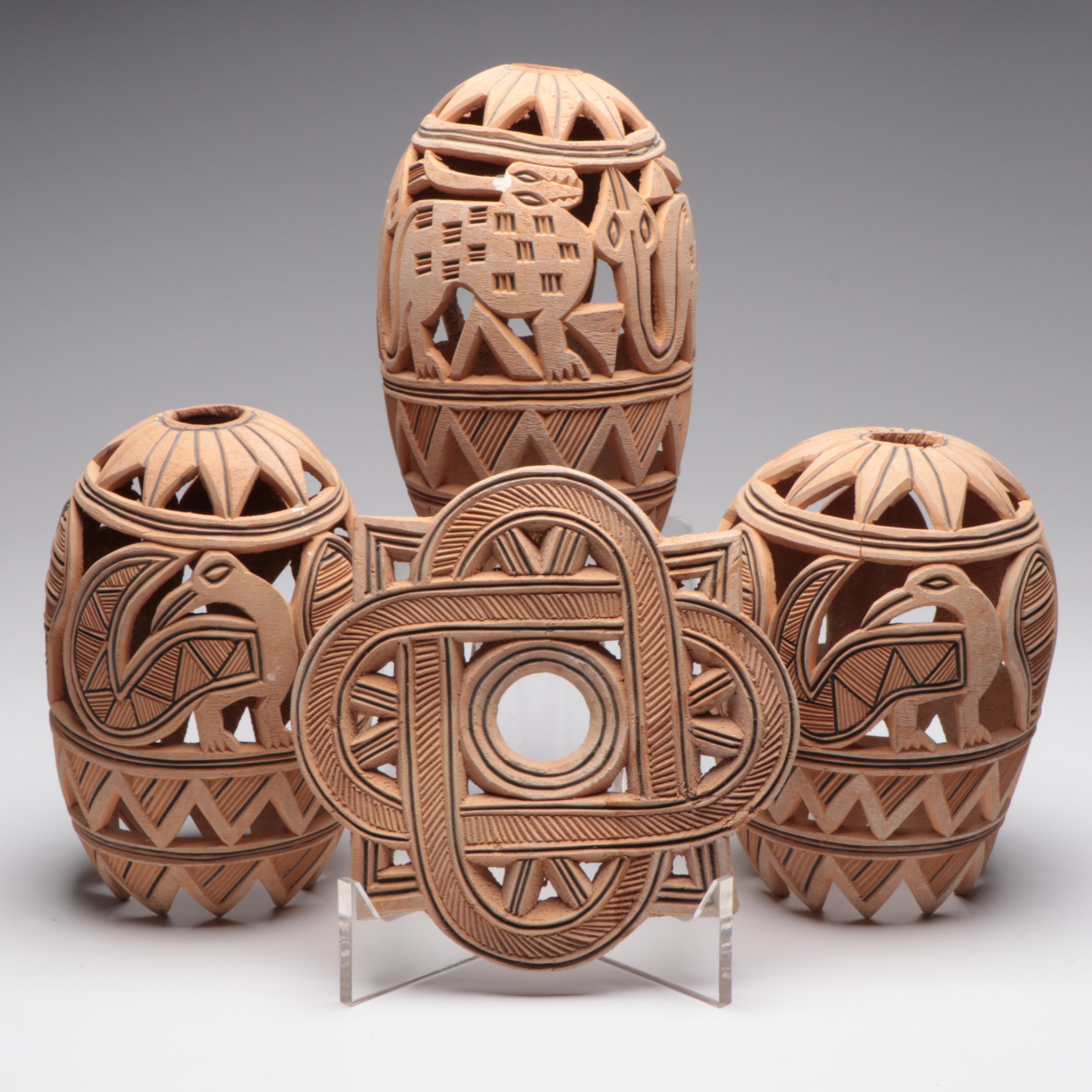 Nigerian Yoruba Hand-Carved Gourd Lantern Forms and Decorative Plaque