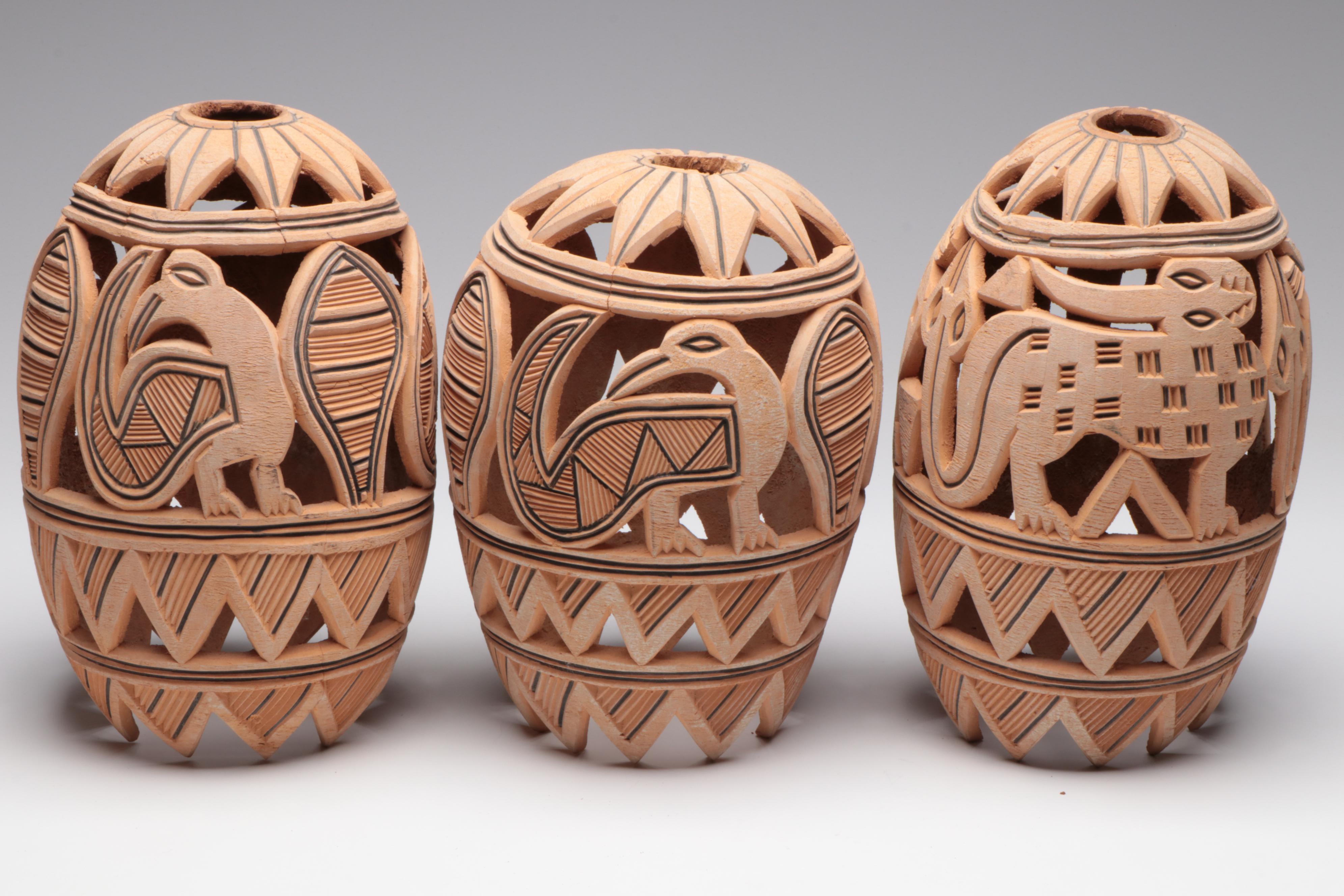 Nigerian Yoruba Hand-Carved Gourd Lantern Forms and Decorative Plaque