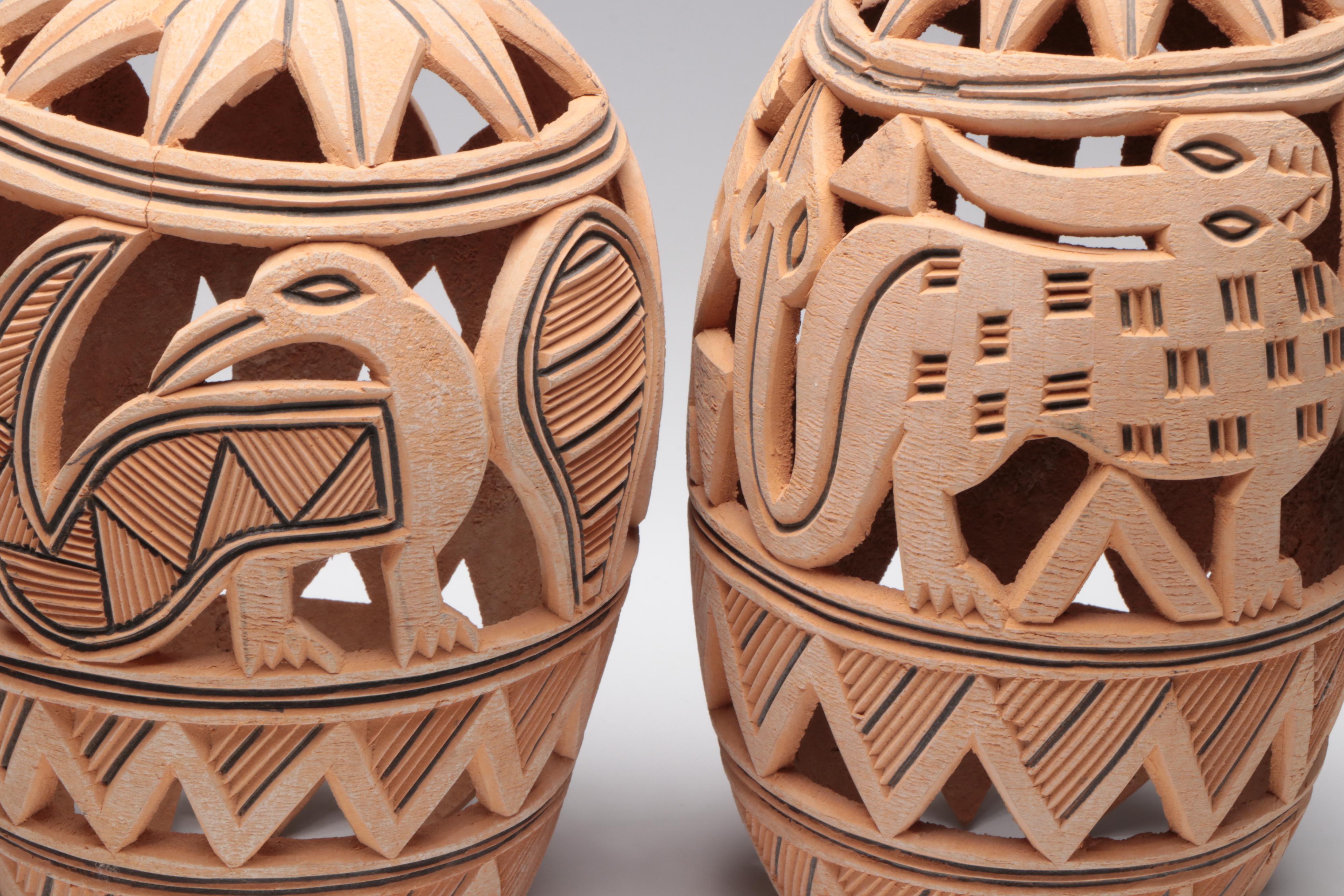 Nigerian Yoruba Hand-Carved Gourd Lantern Forms and Decorative Plaque