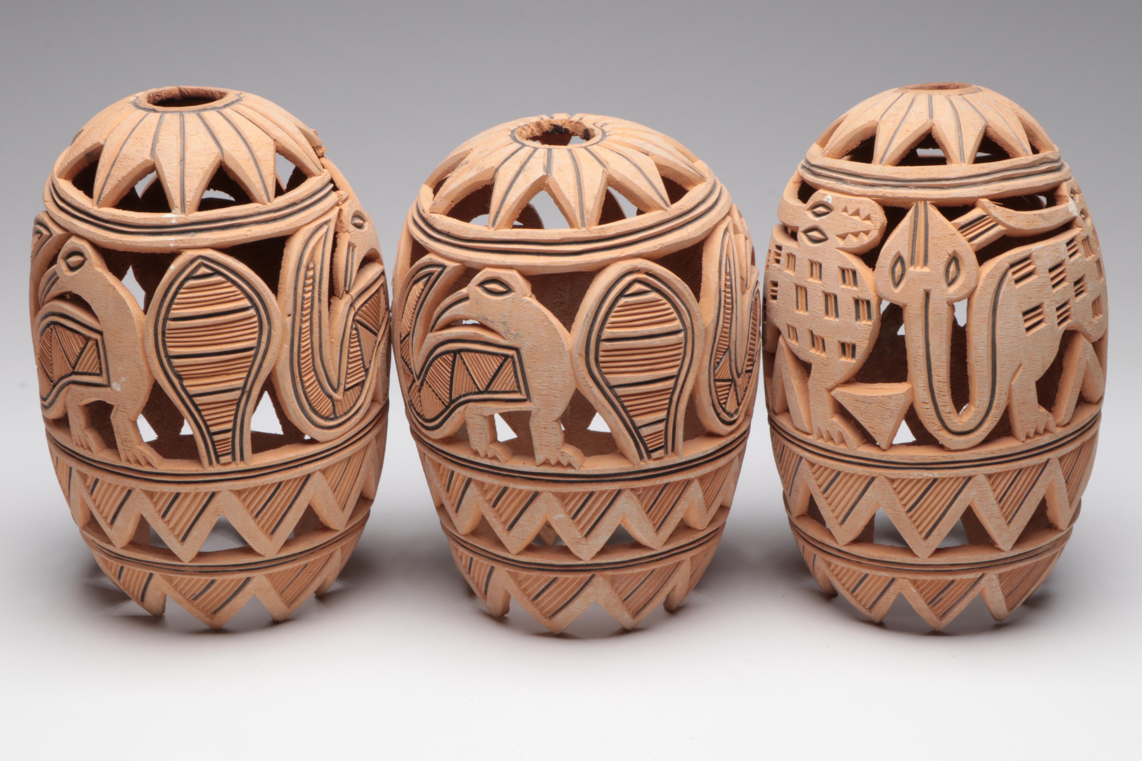 Nigerian Yoruba Hand-Carved Gourd Lantern Forms and Decorative Plaque