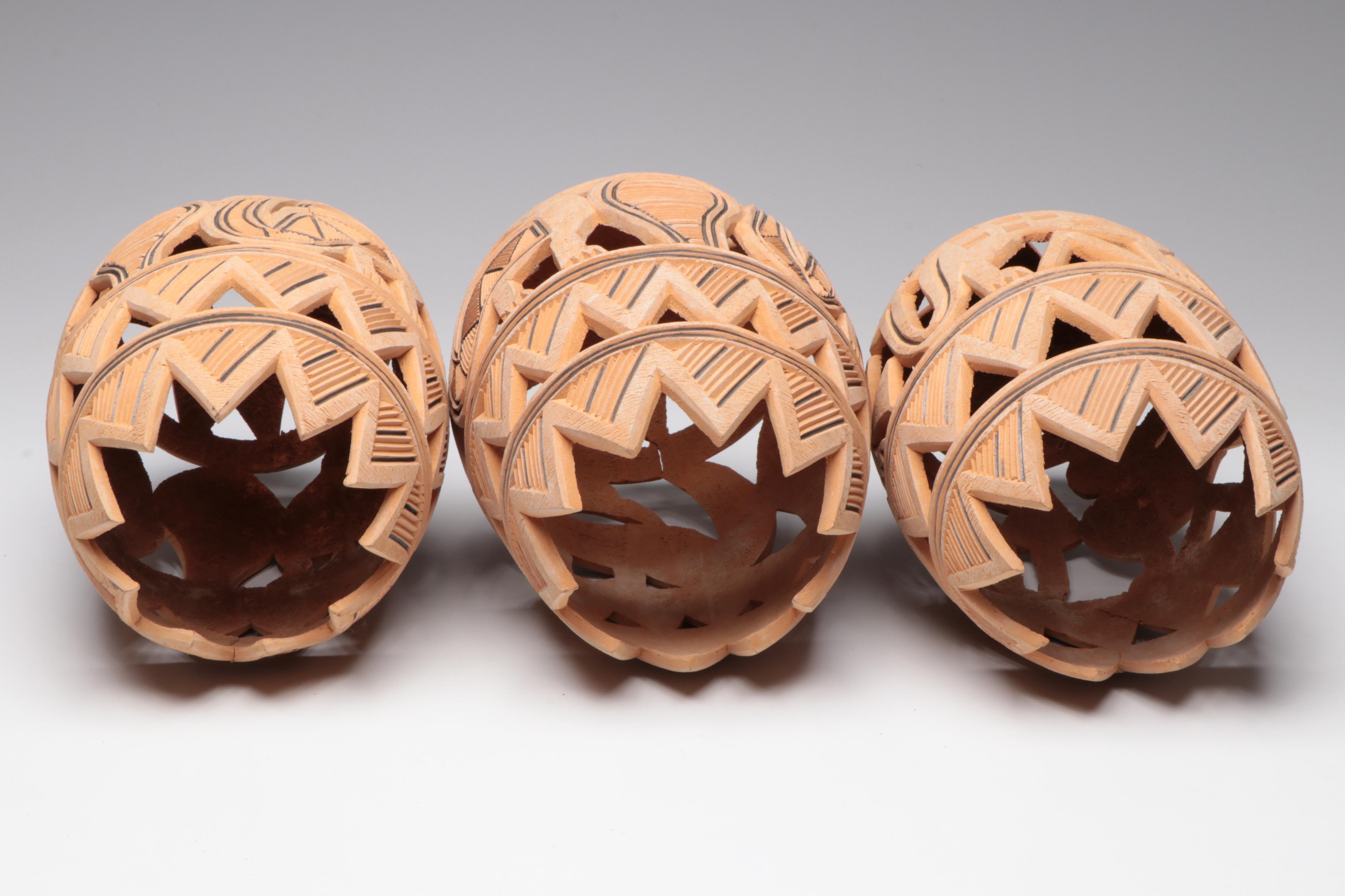 Nigerian Yoruba Hand-Carved Gourd Lantern Forms and Decorative Plaque