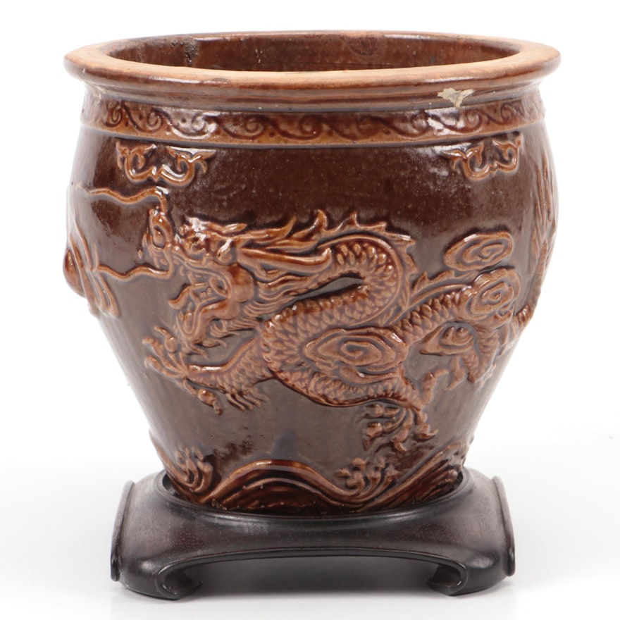 Chinese Three-Toed Dragon Egg Pot with Carved Stand