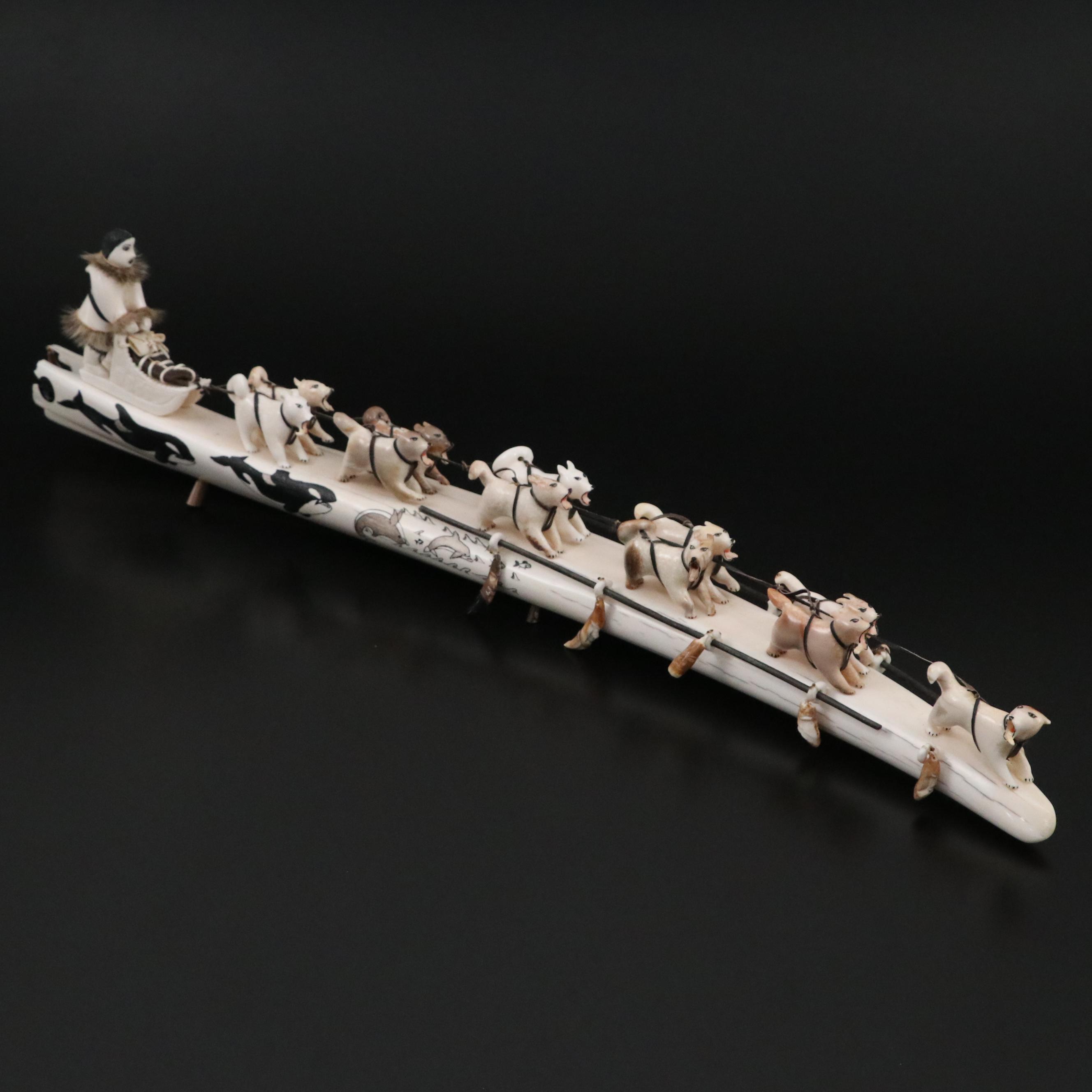 Inuit Hand-Carved Fossil Ivory and Walrus Tusk Dog Sled with Musher in Fur