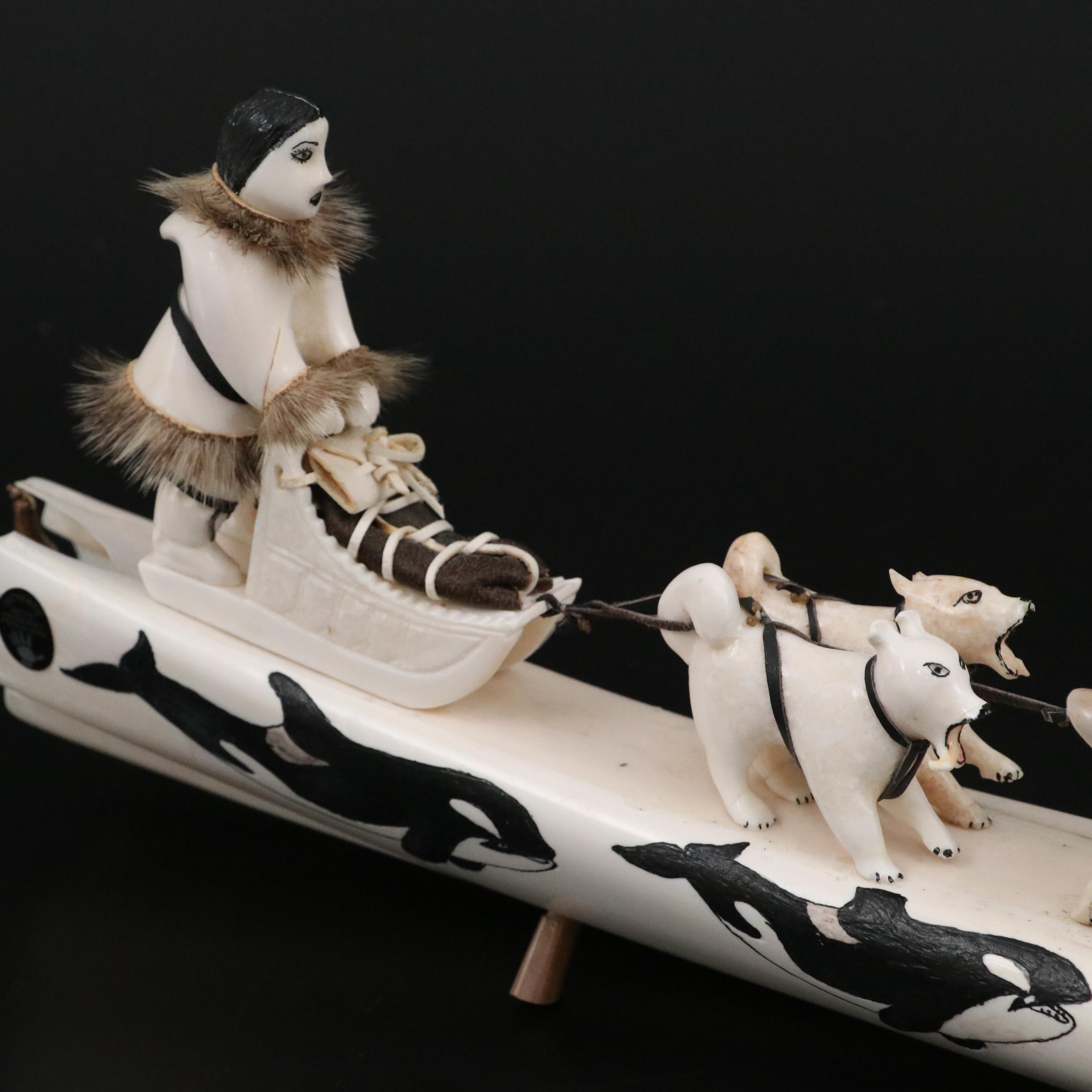 Inuit Hand-Carved Fossil Ivory and Walrus Tusk Dog Sled with Musher in Fur