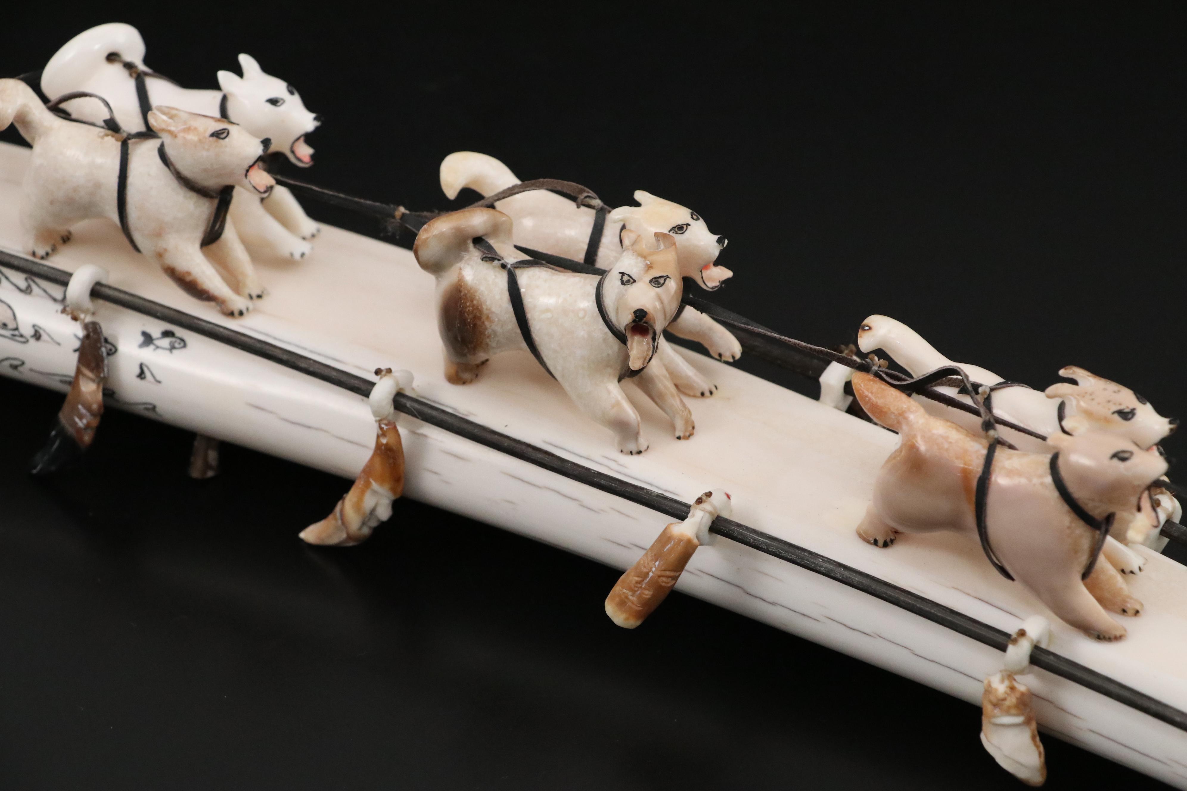 Inuit Hand-Carved Fossil Ivory and Walrus Tusk Dog Sled with Musher in Fur
