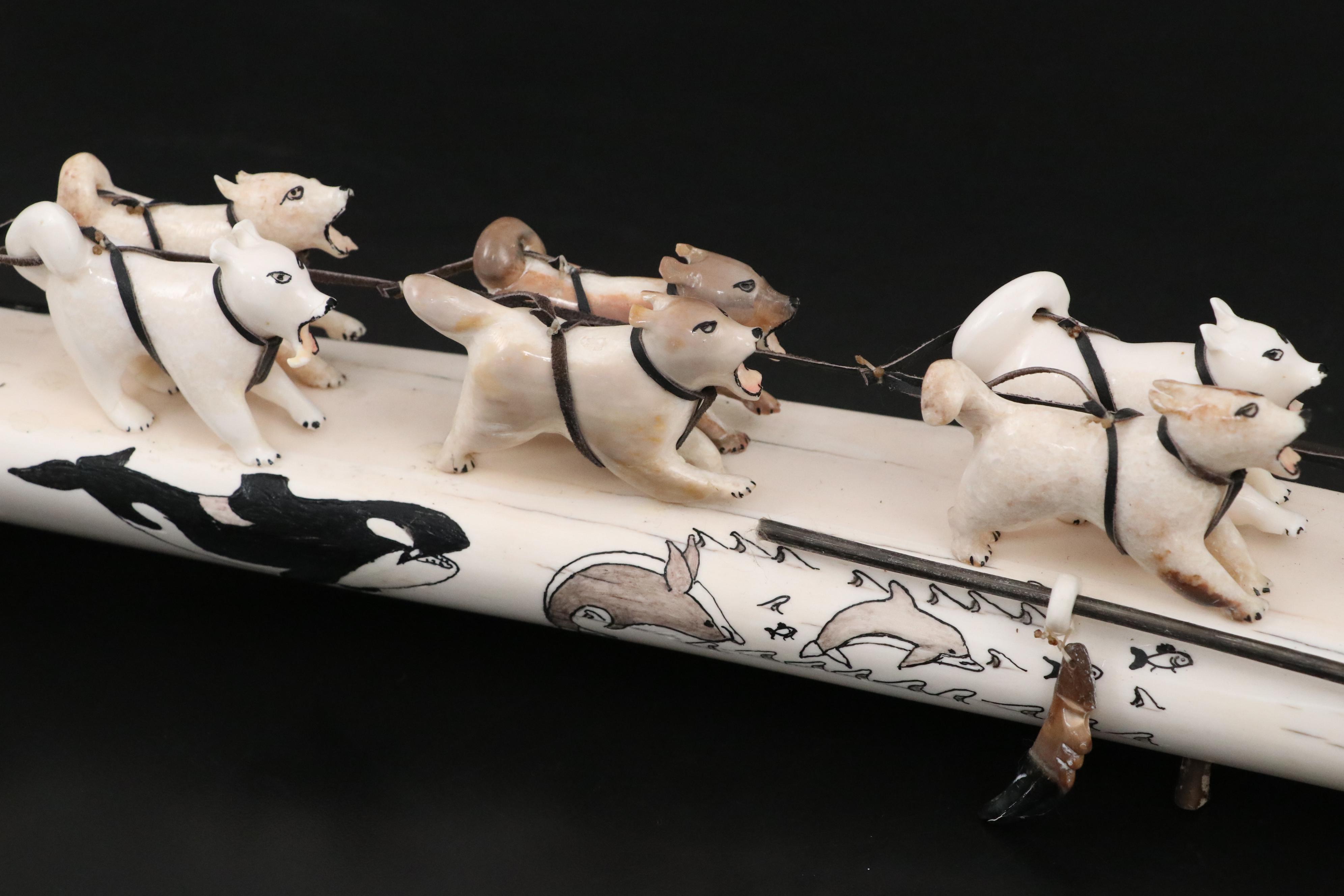 Inuit Hand-Carved Fossil Ivory and Walrus Tusk Dog Sled with Musher in Fur