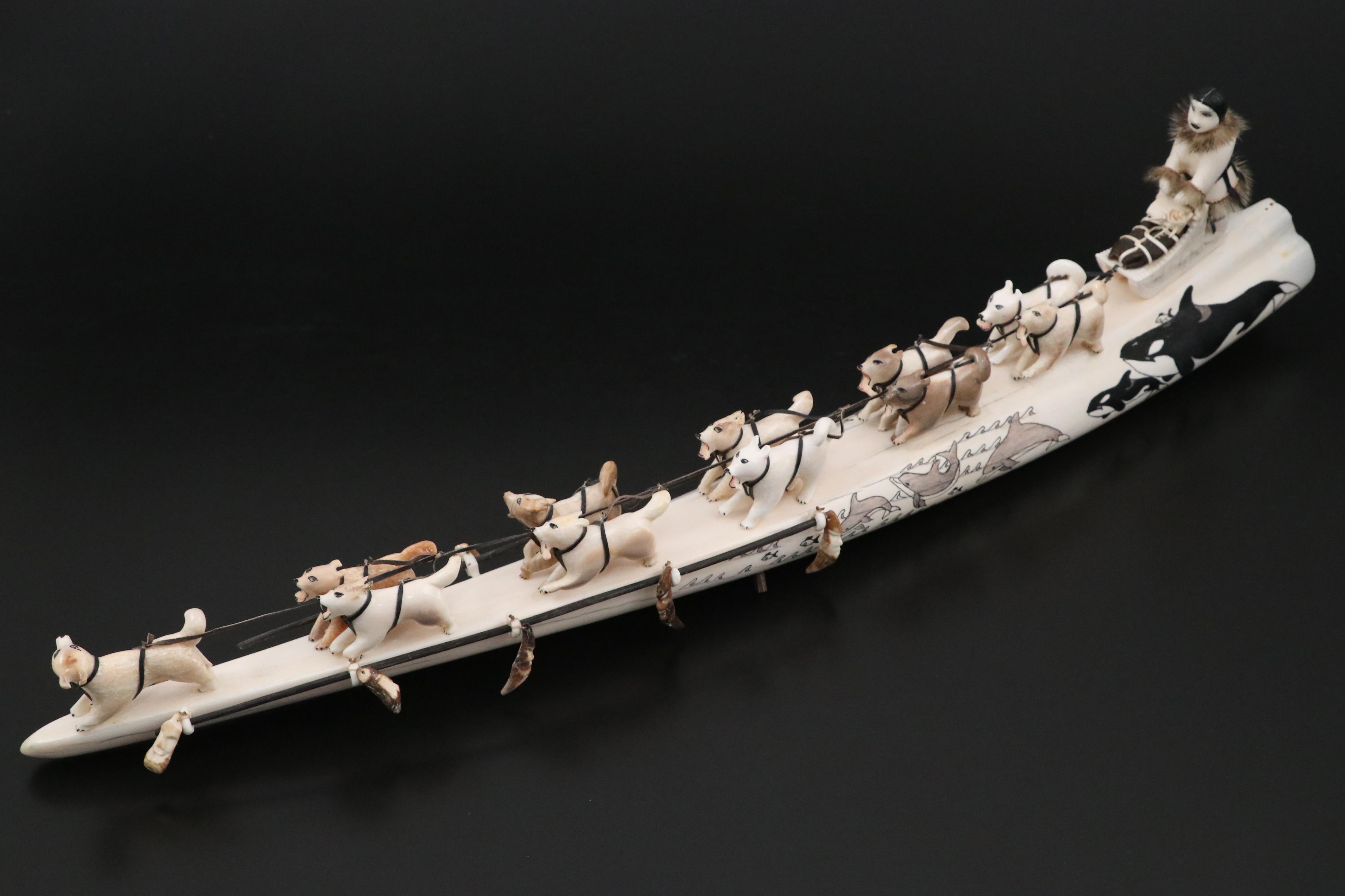 Inuit Hand-Carved Fossil Ivory and Walrus Tusk Dog Sled with Musher in Fur