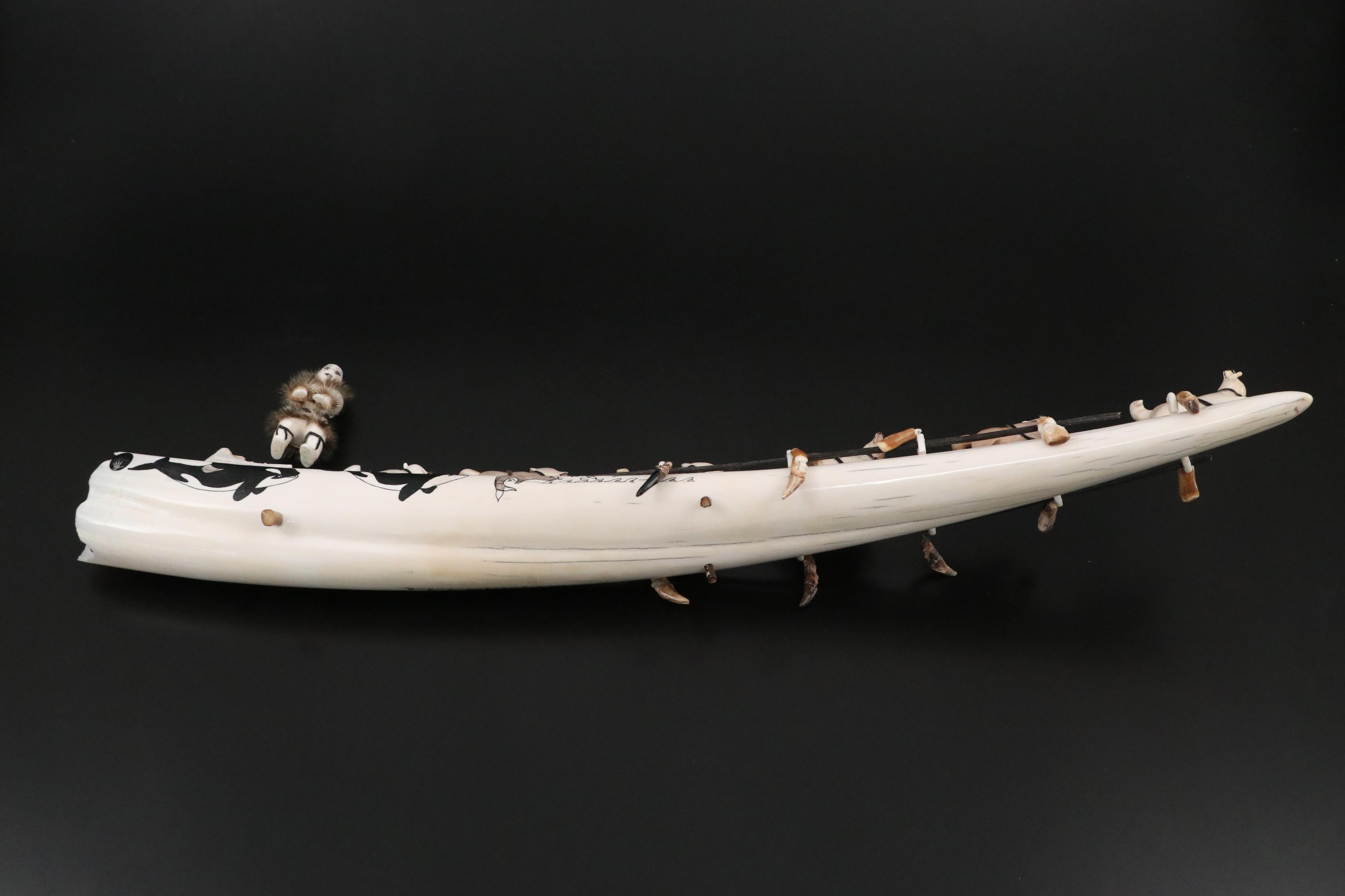 Inuit Hand-Carved Fossil Ivory and Walrus Tusk Dog Sled with Musher in Fur