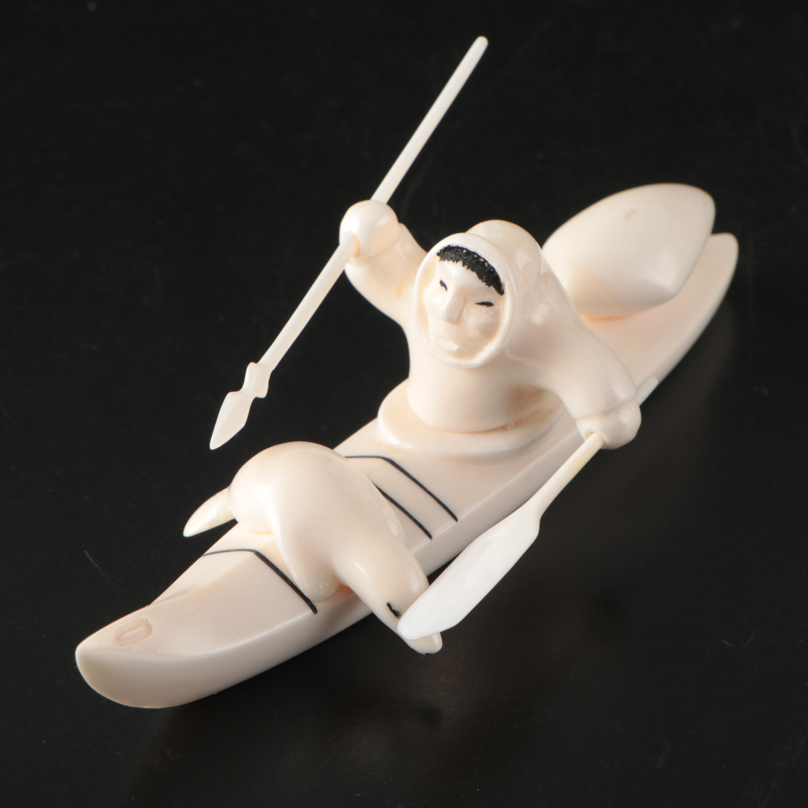 John Pullock Native Alaskan Carved Walrus Tusk Figure of Seal Hunter in Kayak