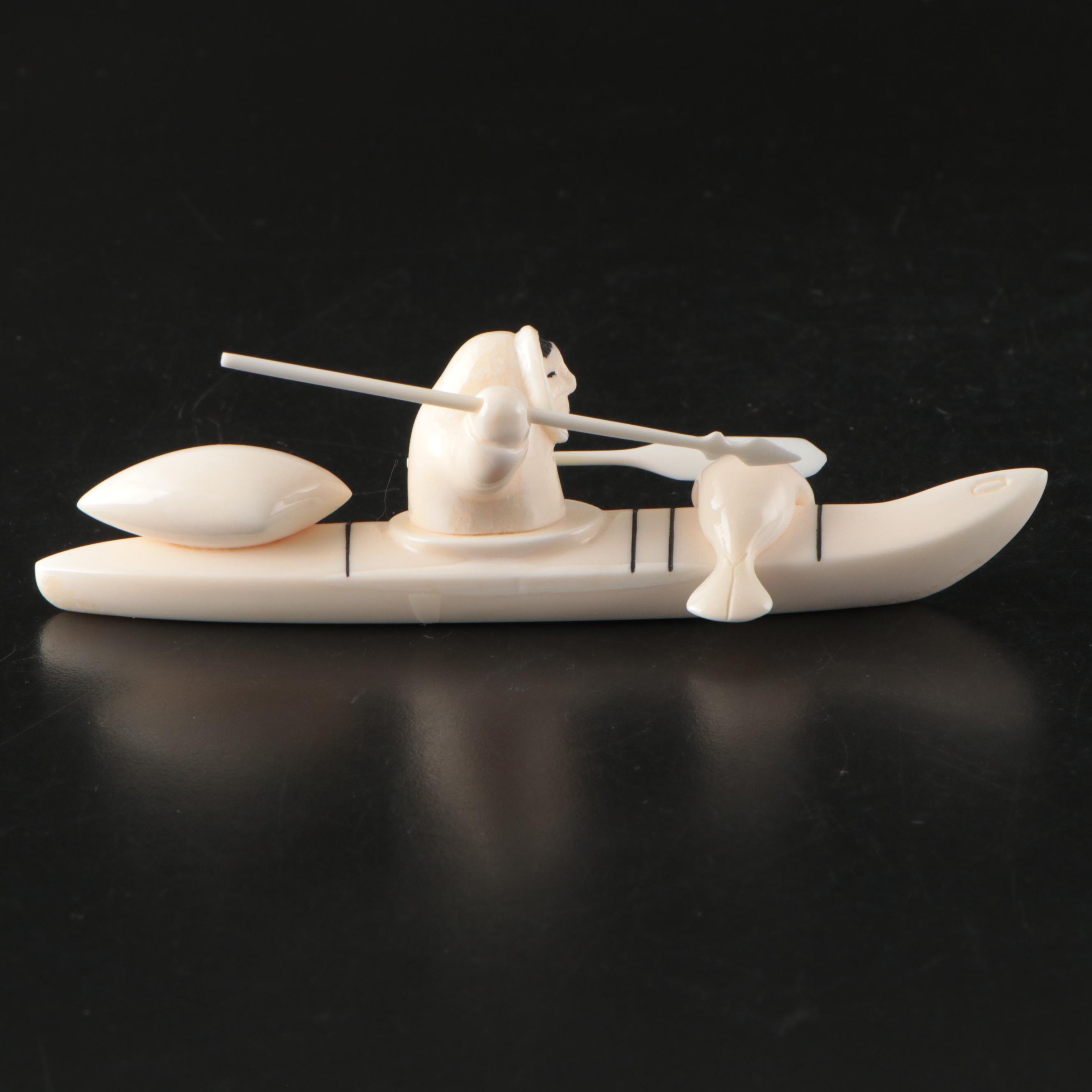 John Pullock Native Alaskan Carved Walrus Tusk Figure of Seal Hunter in Kayak