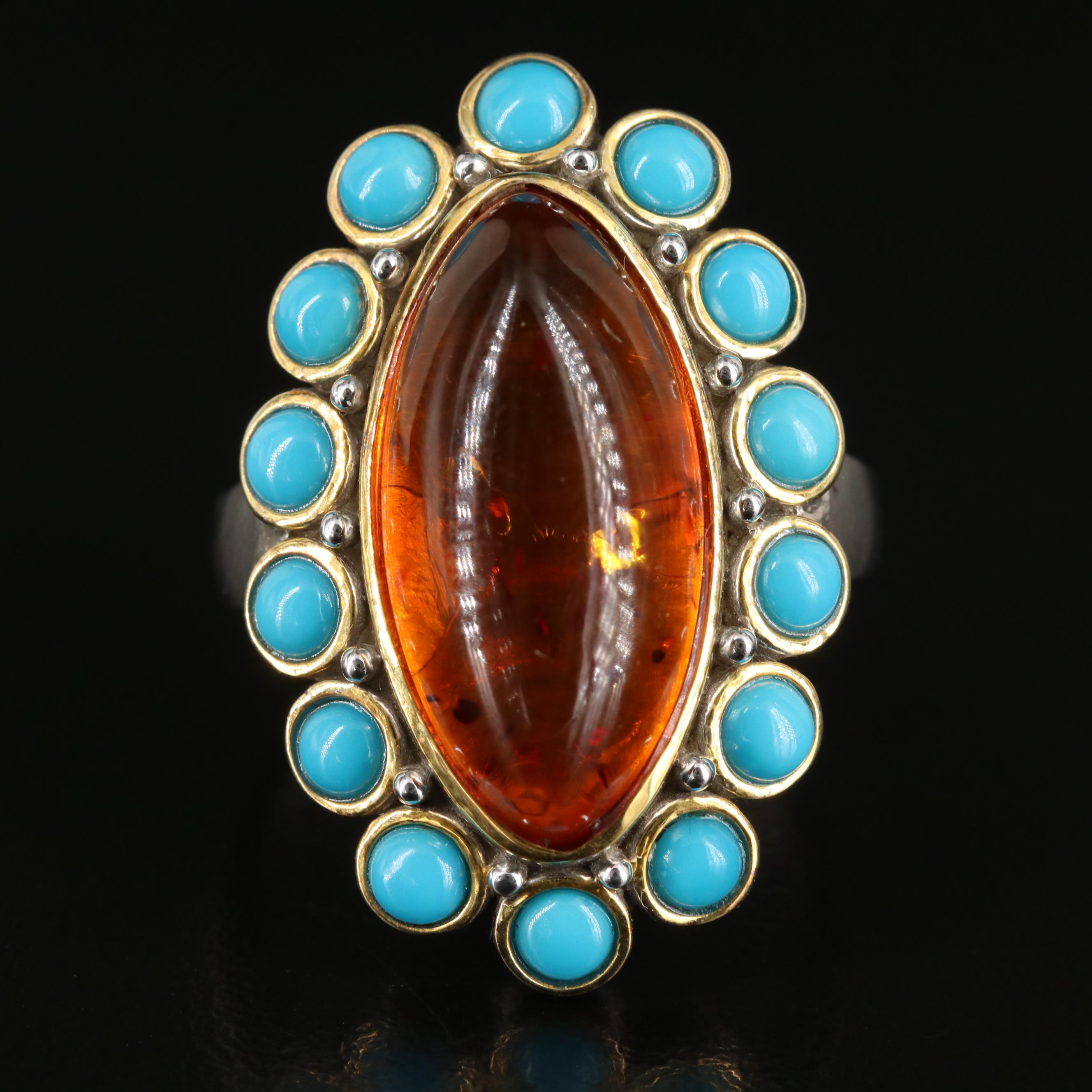 Sterling Amber and Turquoise Navette Ring