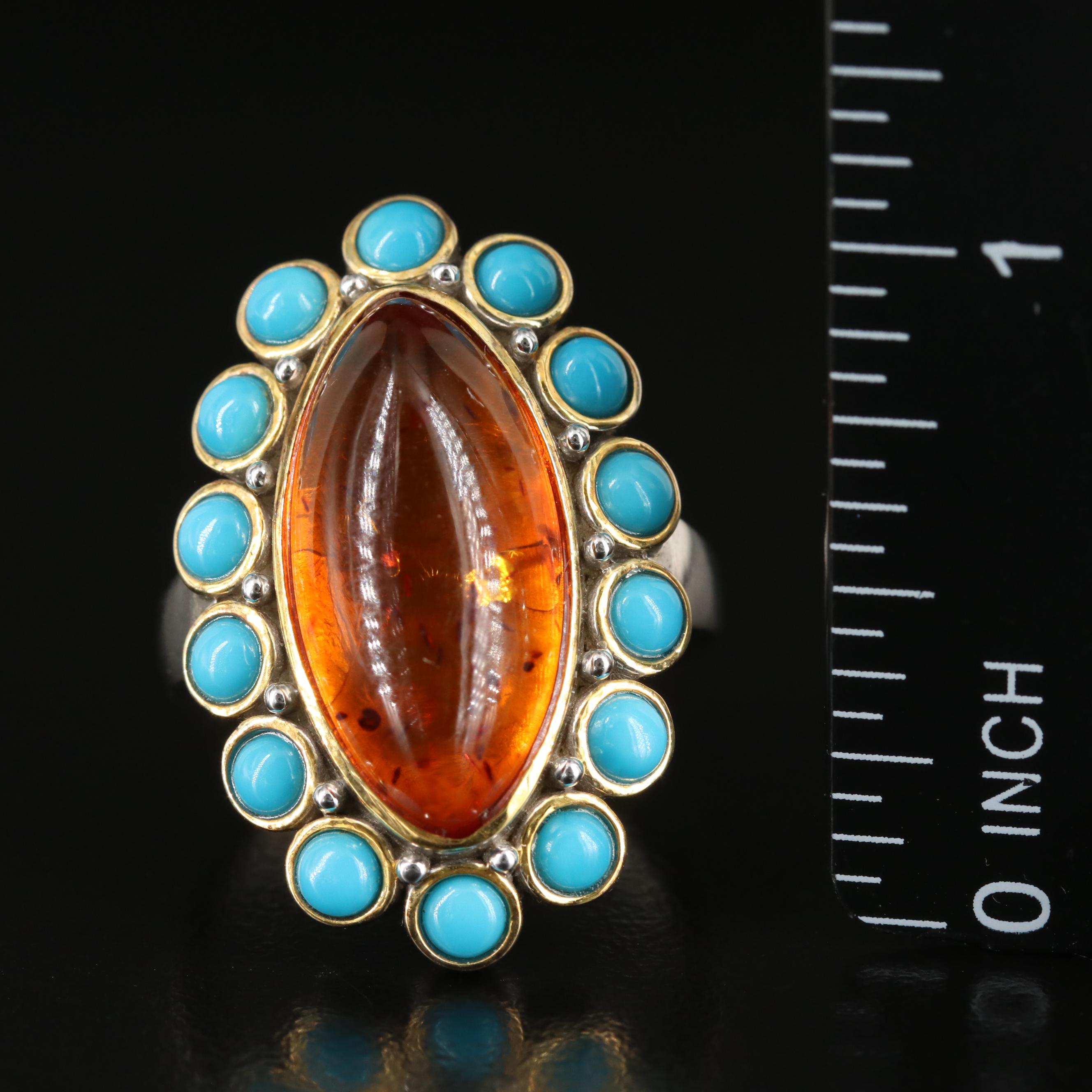 Sterling Amber and Turquoise Navette Ring