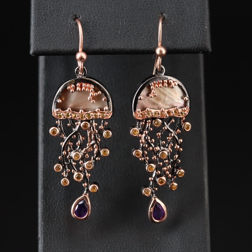 Sterling Mother-of-Pearl, Sapphire and Amethyst Jellyfish Earrings