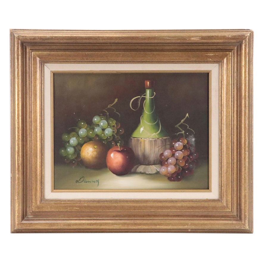 Still Life Oil Painting with Fruit and Wine Bottle