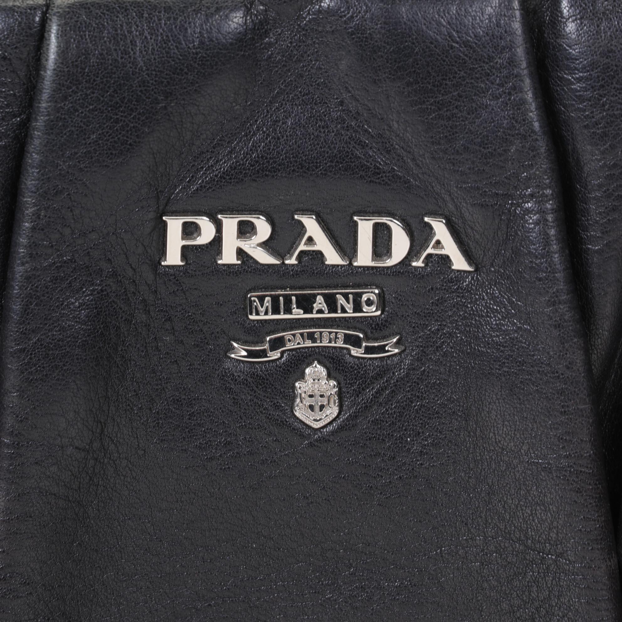 Prada Nero Soft Calf Bowler Bag With Pleated Top