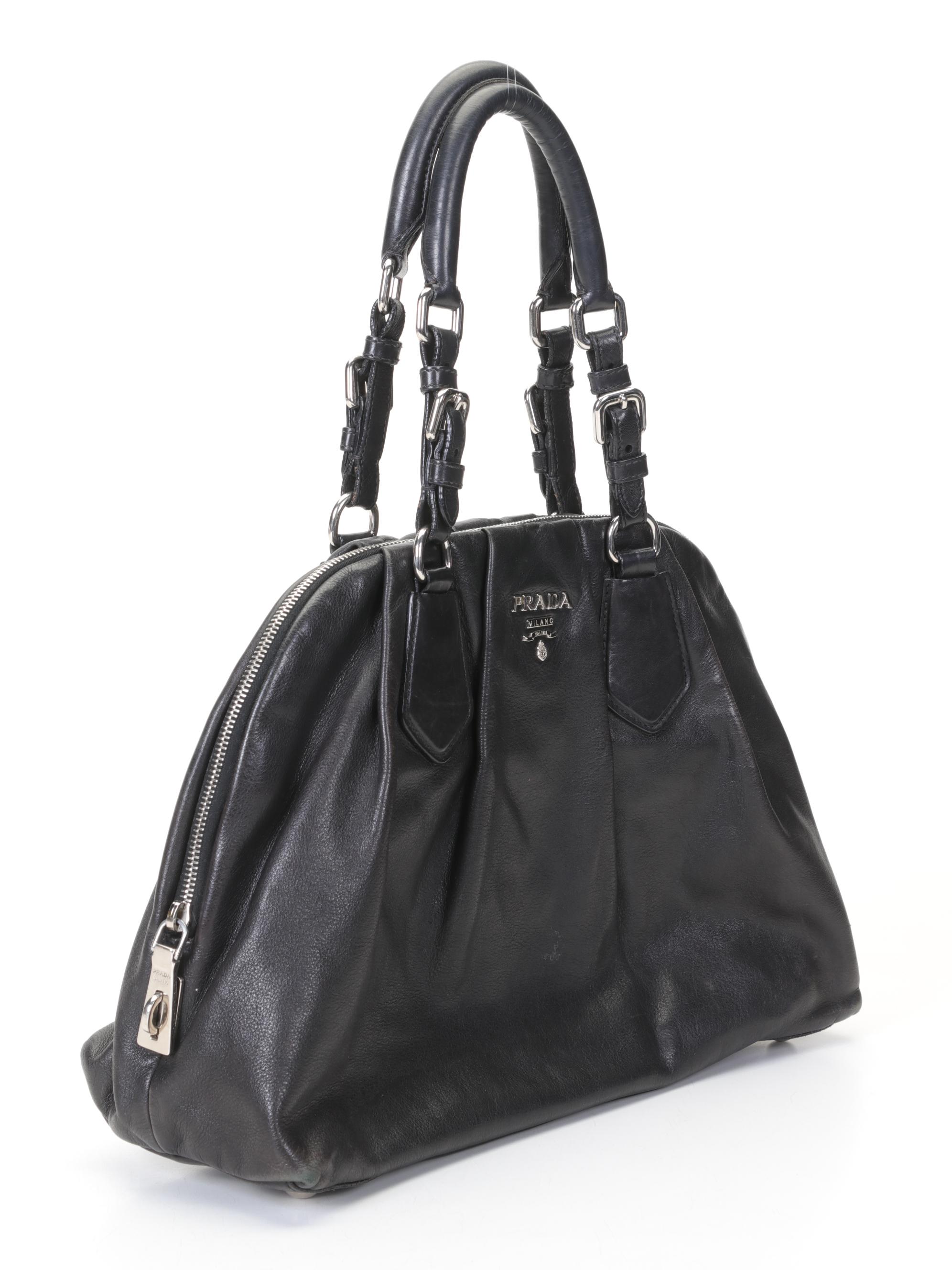 Prada Nero Soft Calf Bowler Bag With Pleated Top