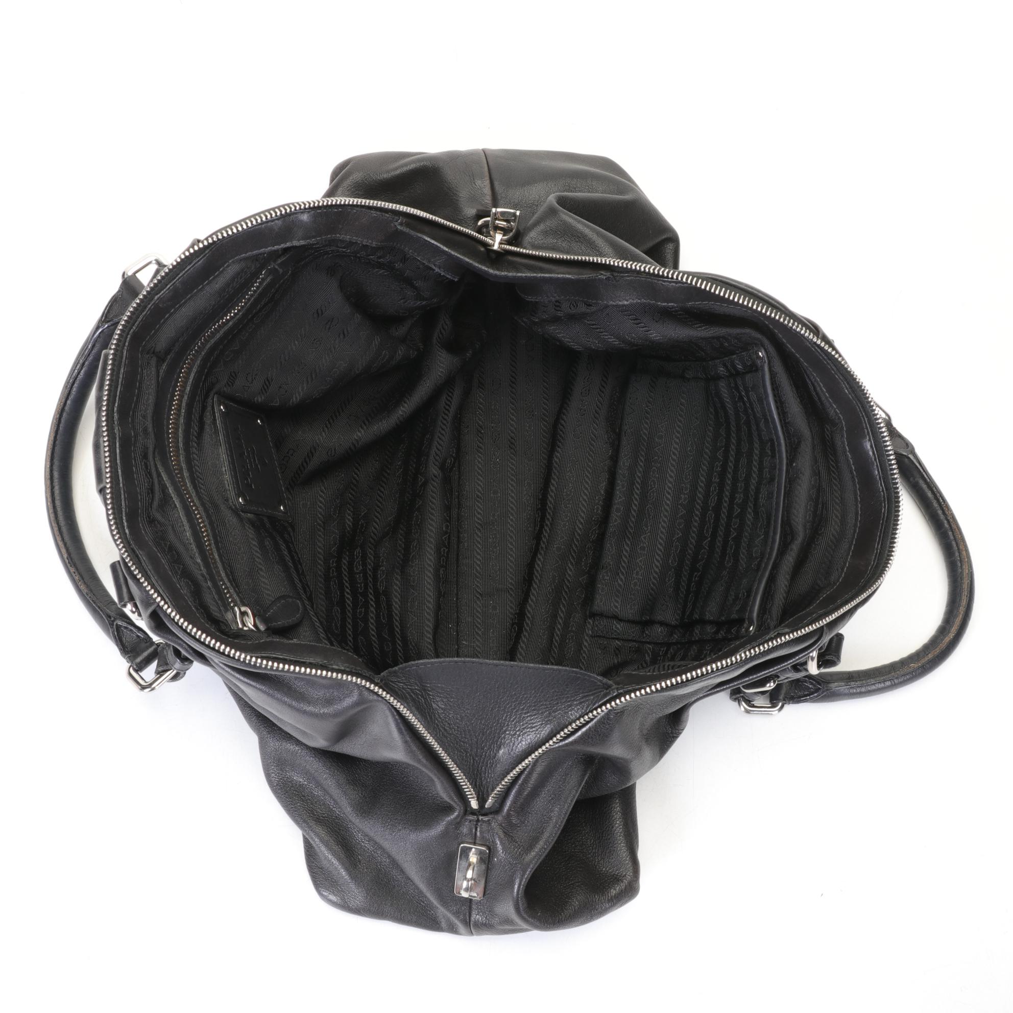 Prada Nero Soft Calf Bowler Bag With Pleated Top