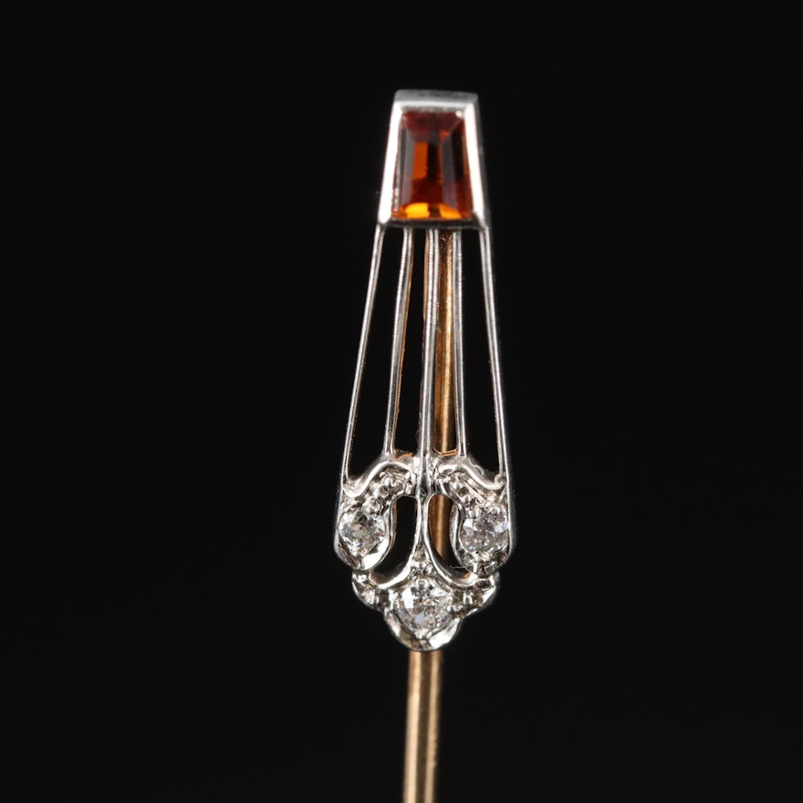 Antique The Brassler Co. 14K and Platinum Citrine and Diamond Stick Pin