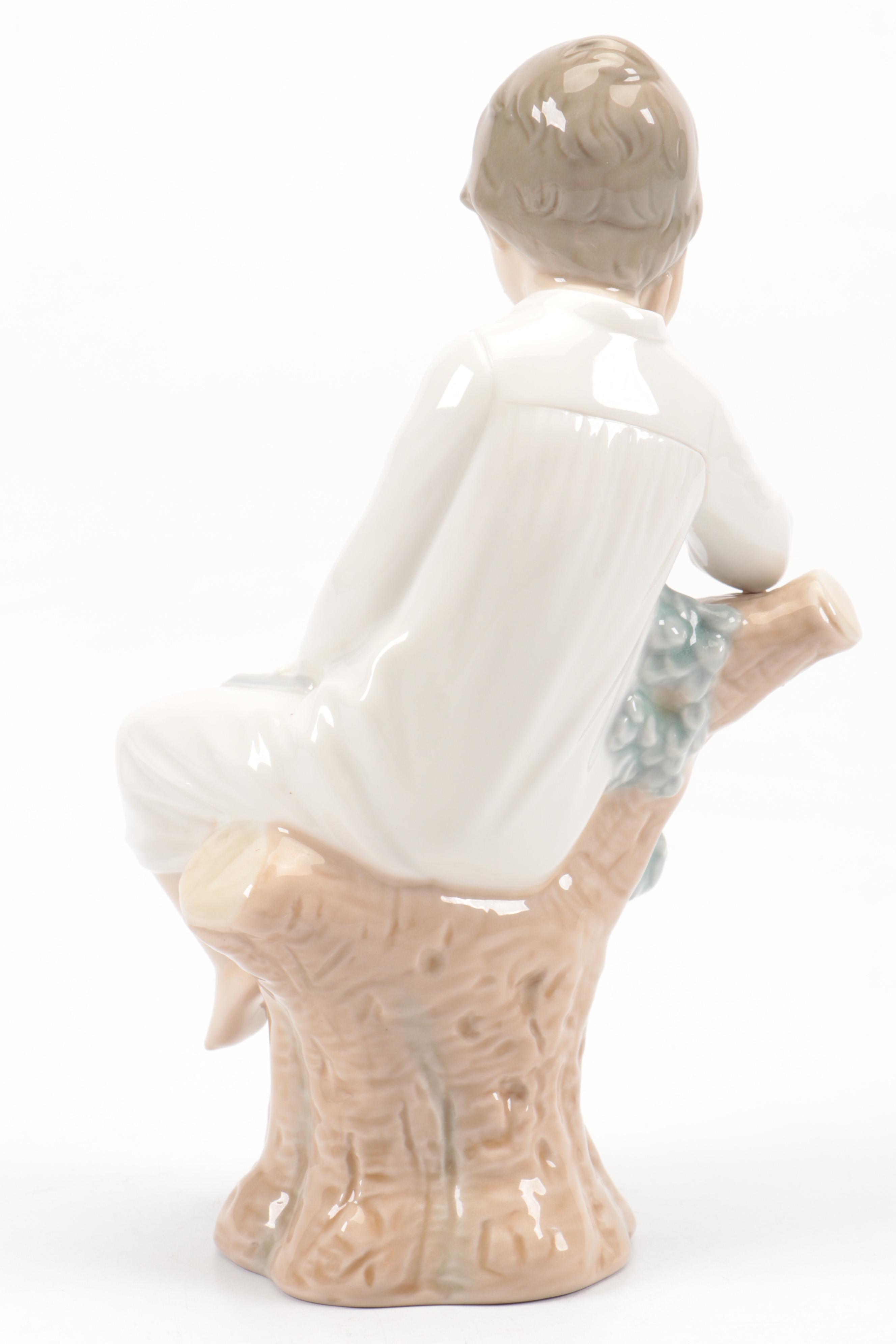 Lladró "Little Boy Thinker" and "Girl with Slippers" Porcelain Figurines