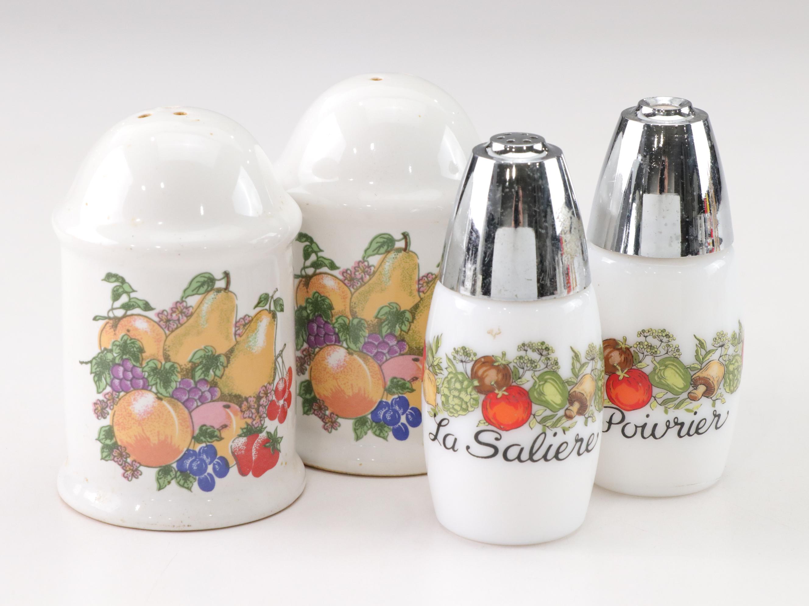 Salt and Pepper Shakers in Glass, Plastic, Ceramic, Metal, and Stone
