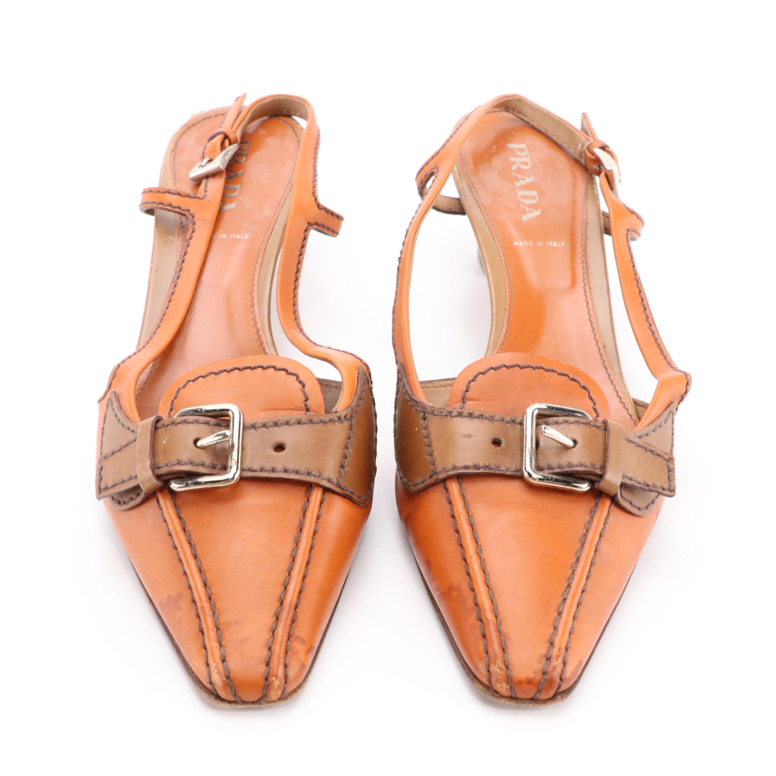 Prada Bicolor Leather Slingbacks with Buckle Strap Detail