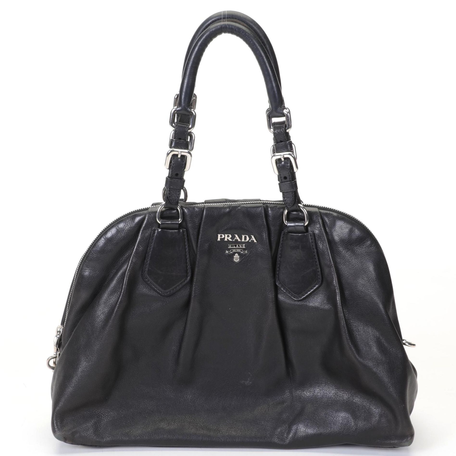 Prada Nero Soft Calf Bowler Bag With Pleated Top