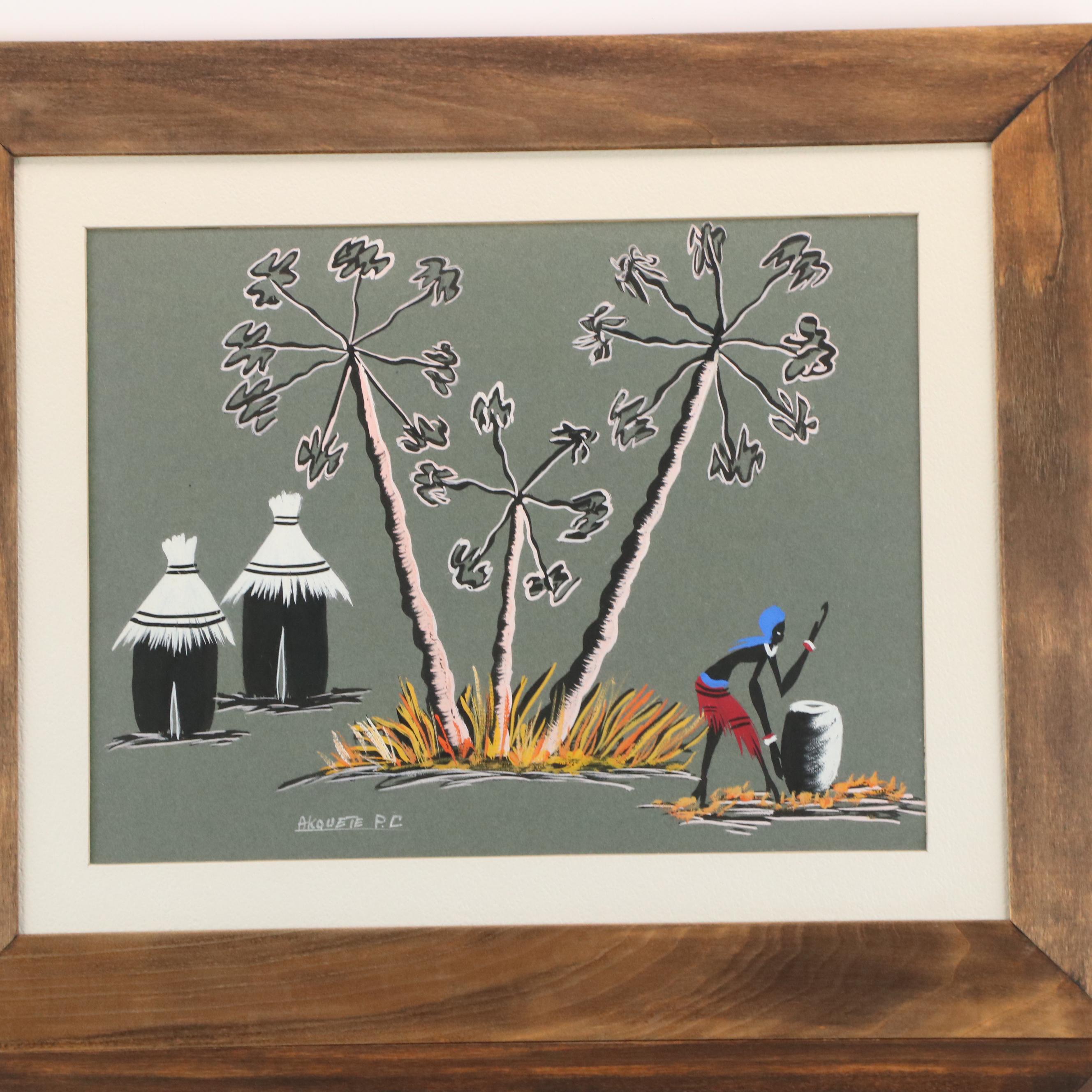 African Tempera Paintings of Daily Life and Dance Scene