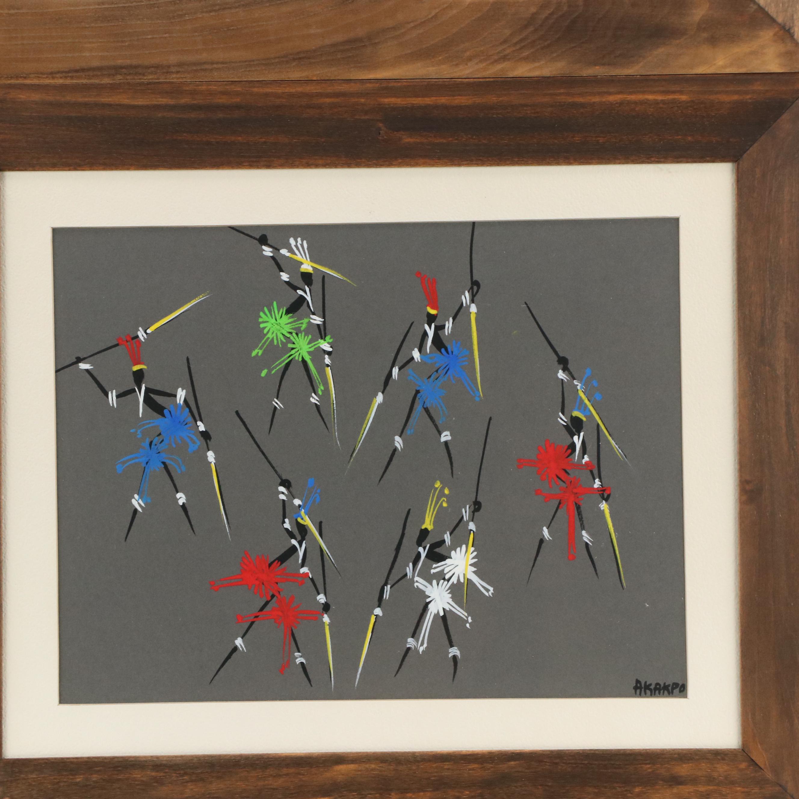 African Tempera Paintings of Daily Life and Dance Scene