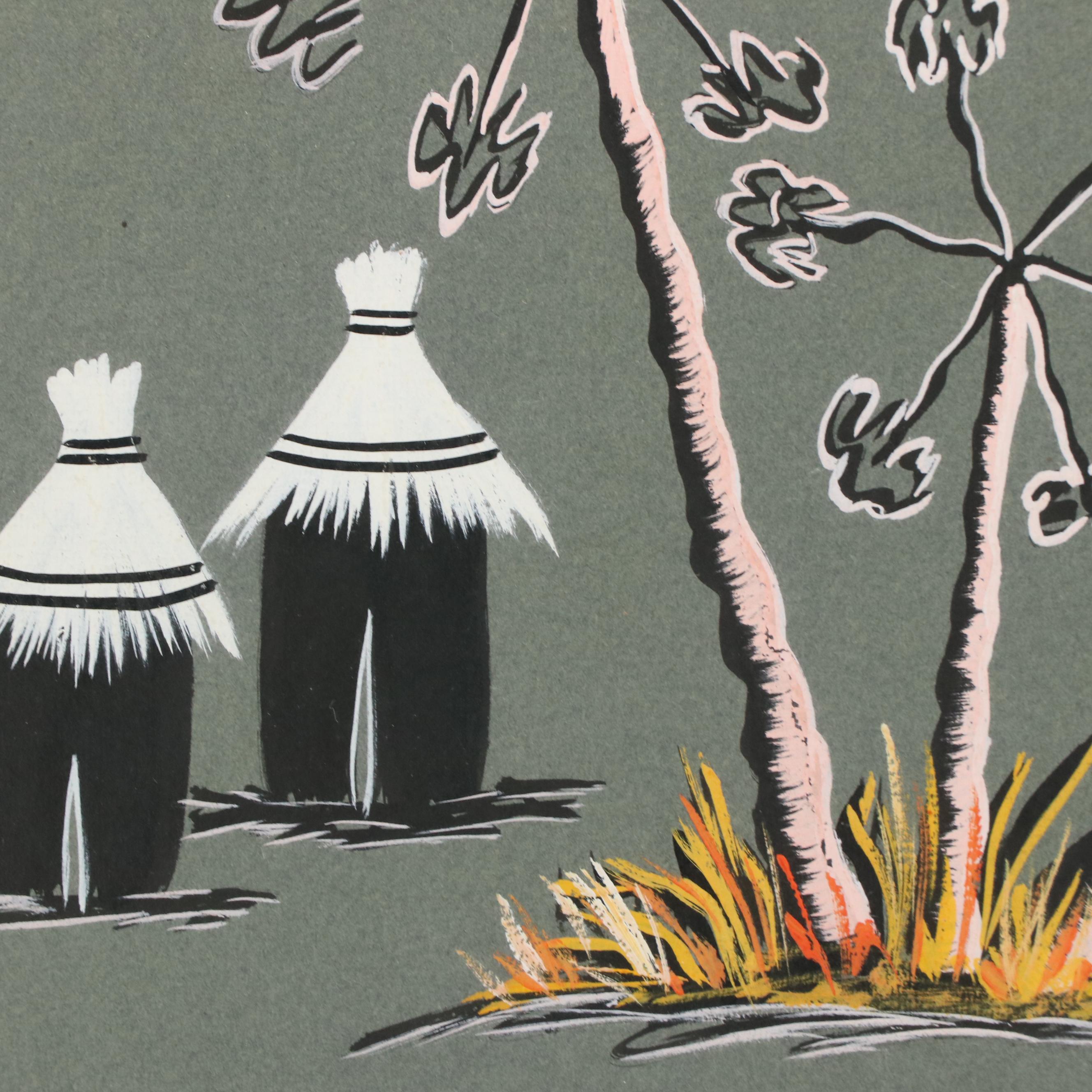 African Tempera Paintings of Daily Life and Dance Scene