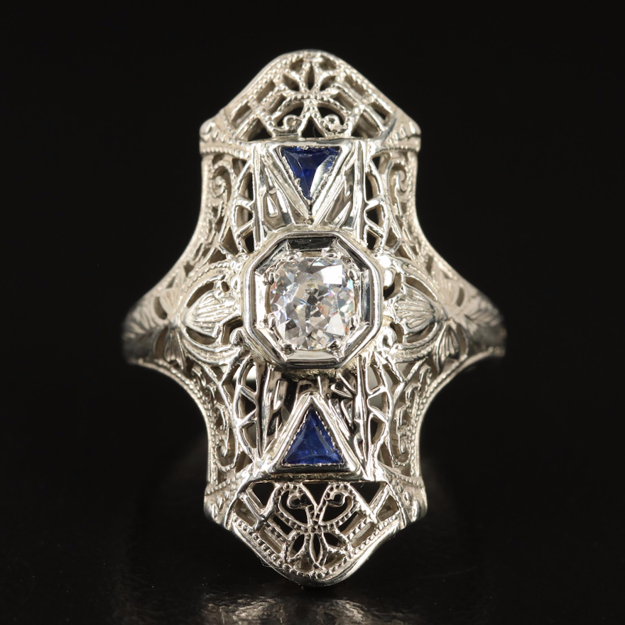 Edwardian 18K Diamond and Sapphire Latticework Ring