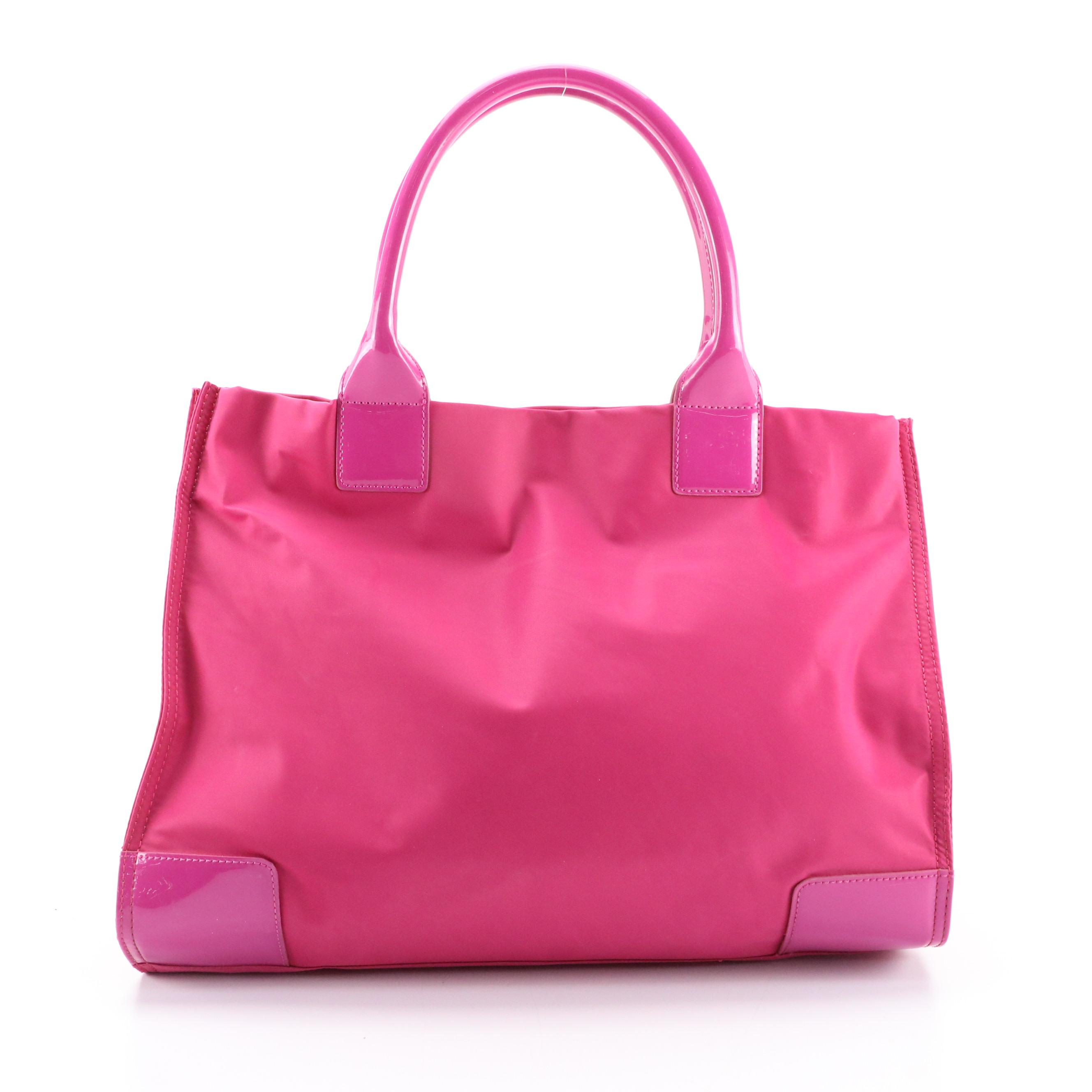 Tory Burch Ella Logo Tote in Magenta Nylon and Patent Leather